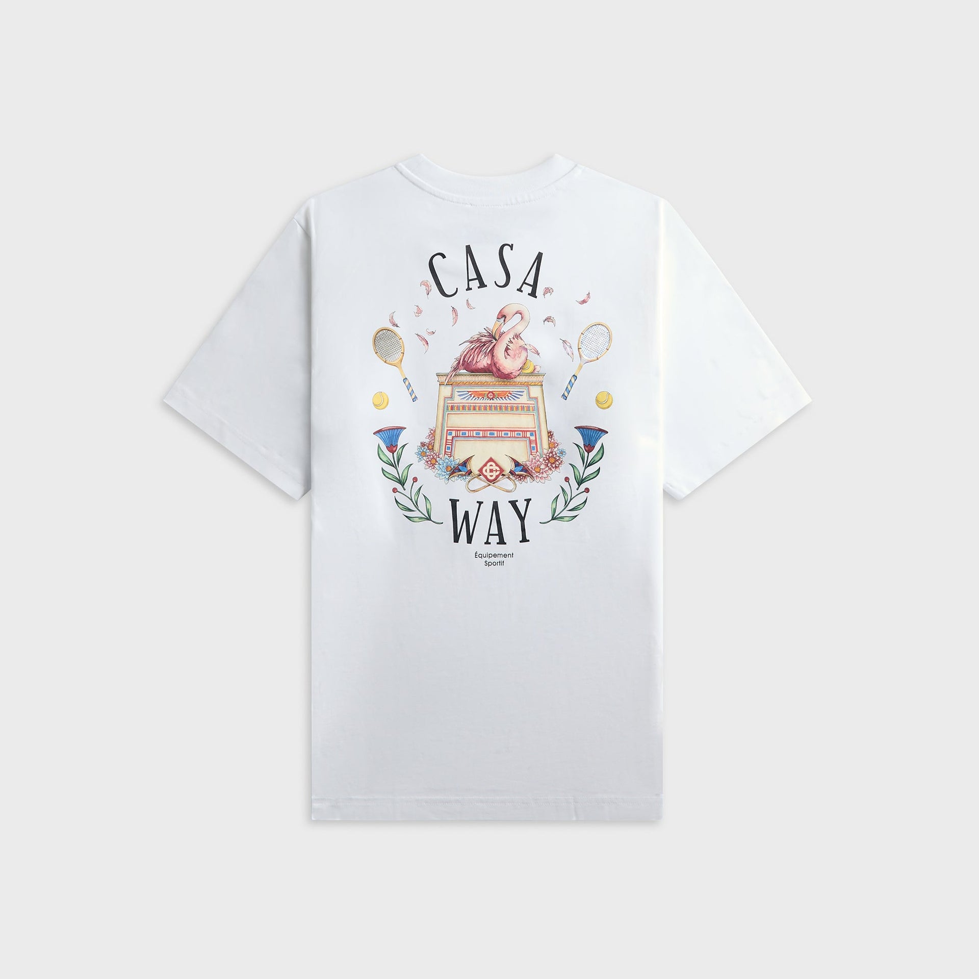Casablanca Casa Way white tee, back view with large flamingo tennis crest and Casa Way lettering