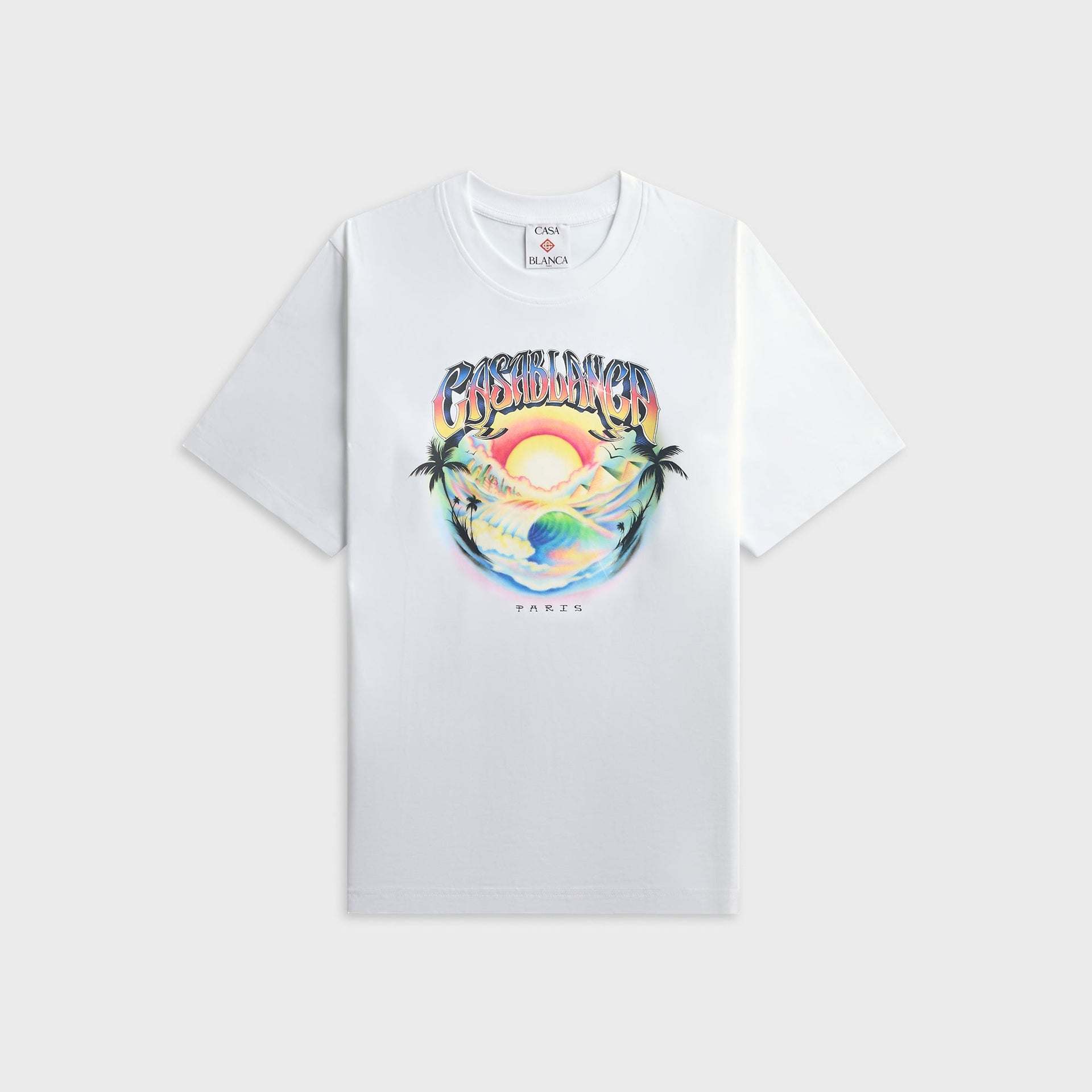 Casablanca Casa Airspray white cotton tee, front view with airbrushed rainbow Casablanca Paris sunset, palm, wave and pyramid graphic