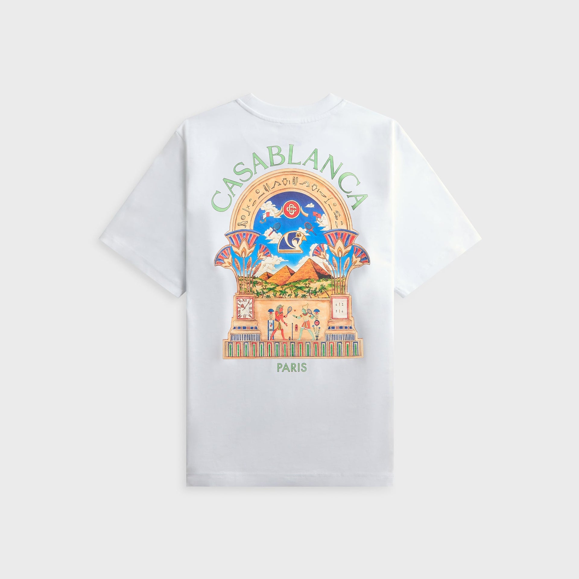 Casablanca Egyptian L'Arche white tee, back view with large Casablanca Paris Egyptian arch, pyramids and papyrus columns print