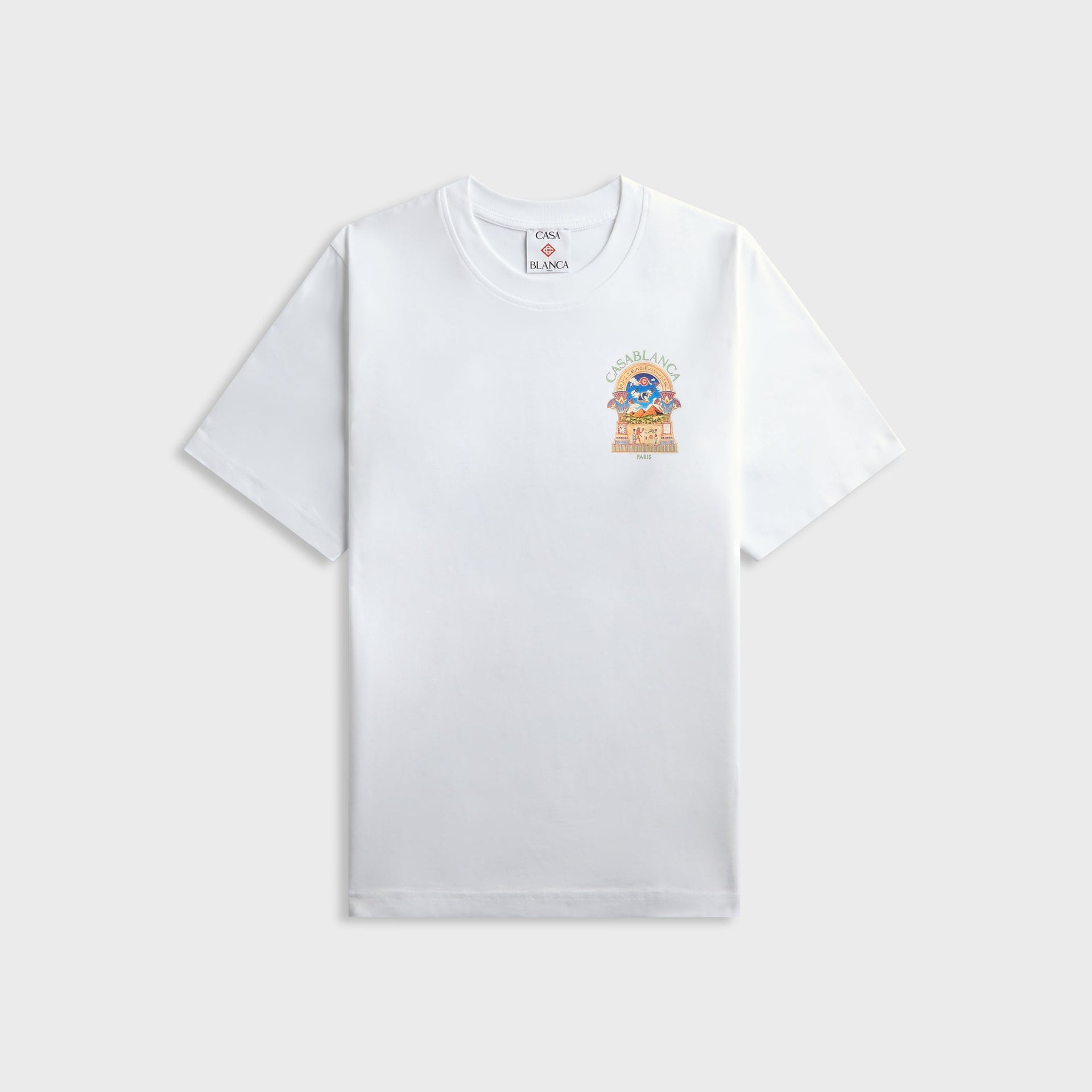Casablanca Egyptian L'Arche white tee, front view with small left-chest Egyptian temple arch emblem