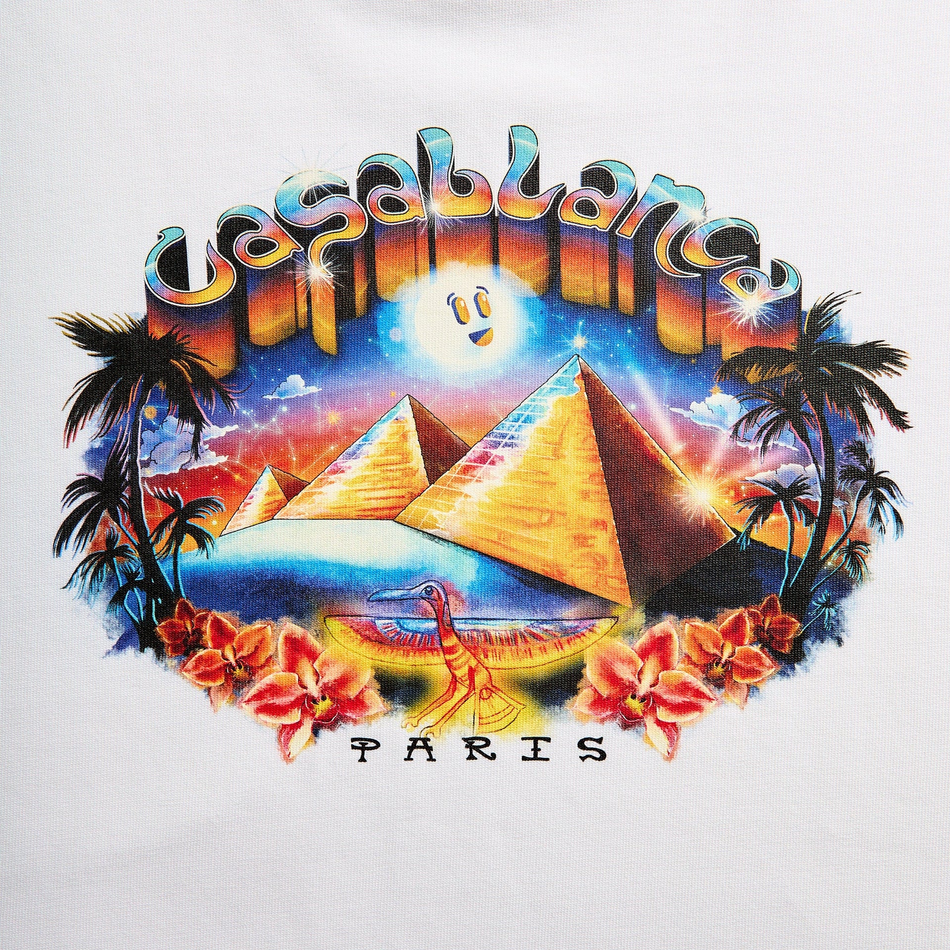 Close-up of Tourism graphic: airbrushed pyramids at sunset with palms, smiling sun, oasis boat and orchids, Casablanca Paris