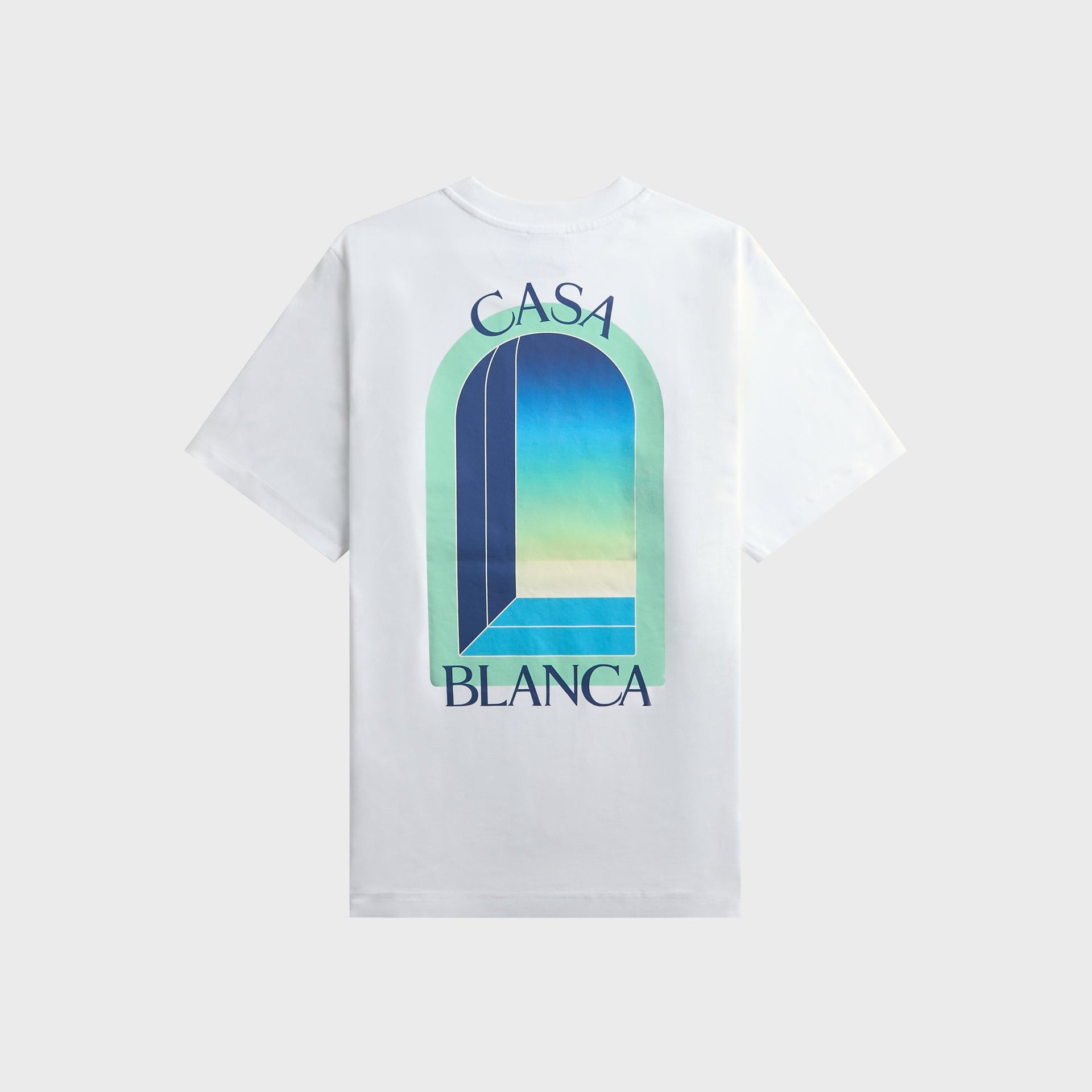Casablanca L'Arche white tee, back view with large gradient archway Casa Blanca print