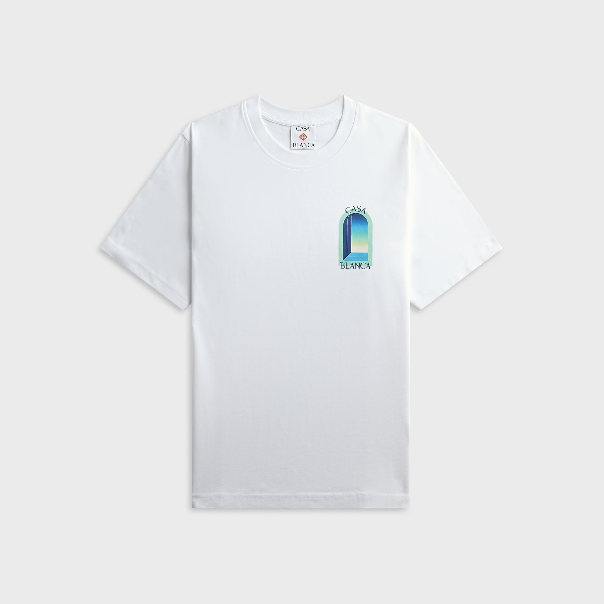Casablanca L'Arche white tee, front view with small left-chest gradient archway Casa Blanca graphic