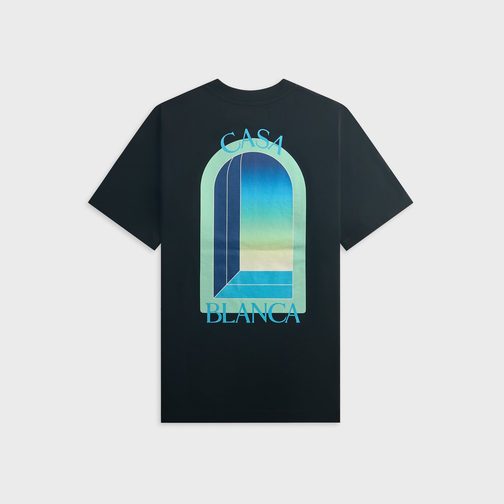 Casablanca L'Arche black tee, back view with large gradient archway Casa Blanca print