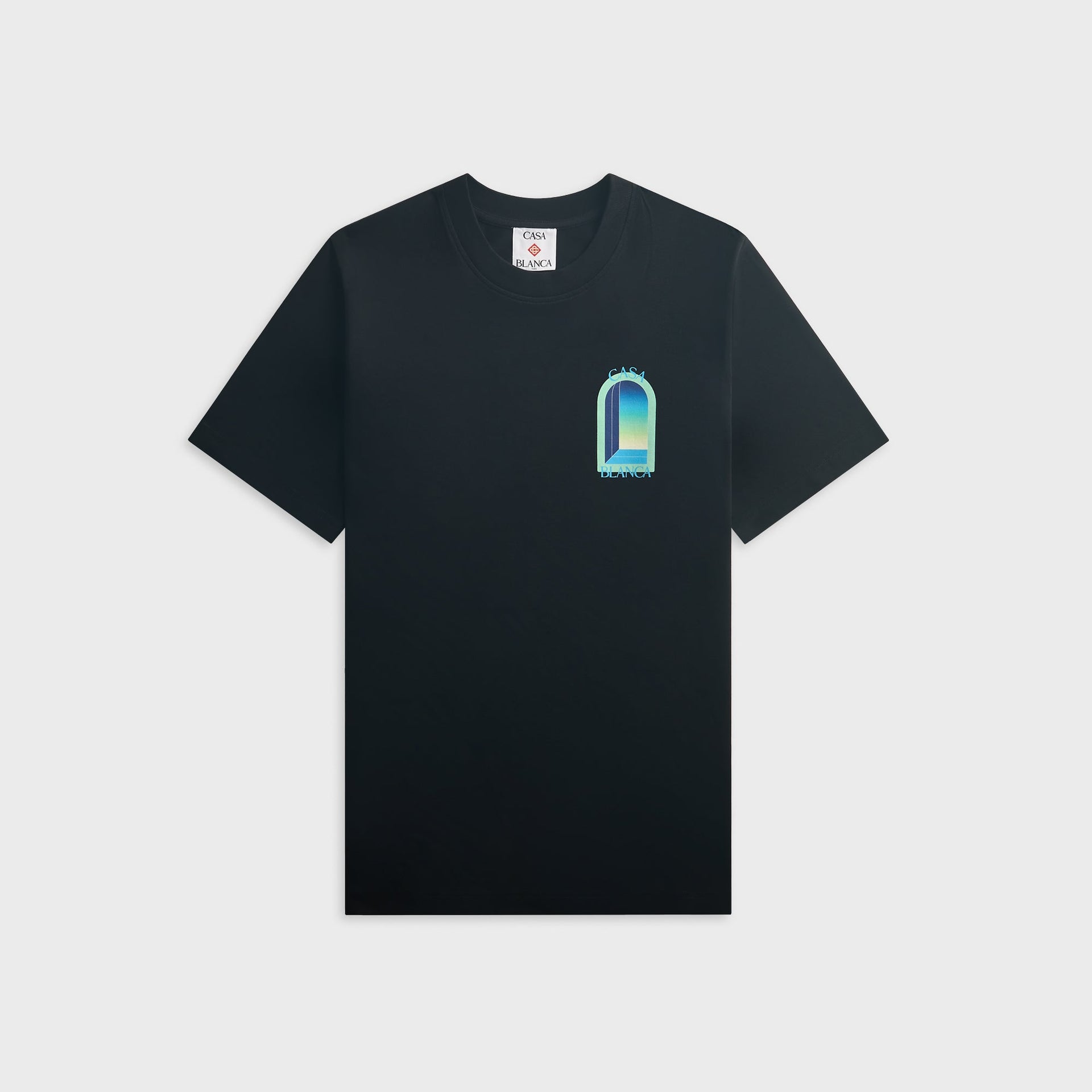 Casablanca L'Arche black tee, front view with small left-chest gradient archway Casa Blanca graphic