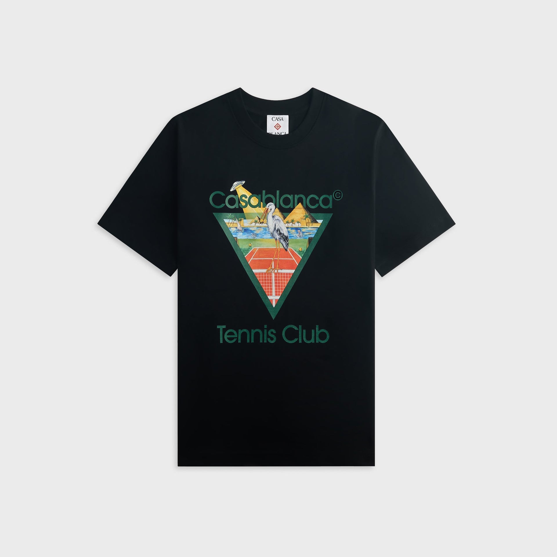 Casablanca Tennis Club black tee, front view with green triangle stork on a tennis court, pyramids and UFO abduction graphic