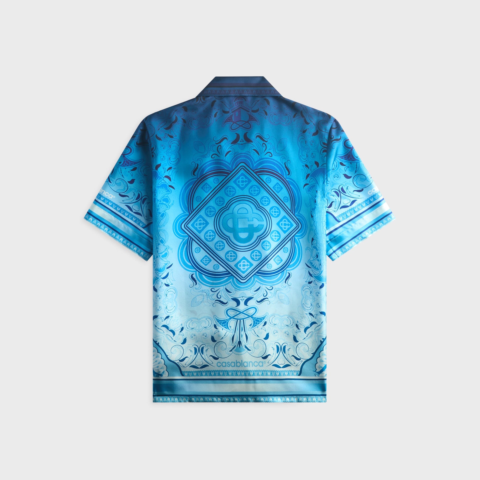 Casablanca Gradient Egyptian Rug blue silk shirt, back view with large diamond monogram medallion and symmetrical rug print