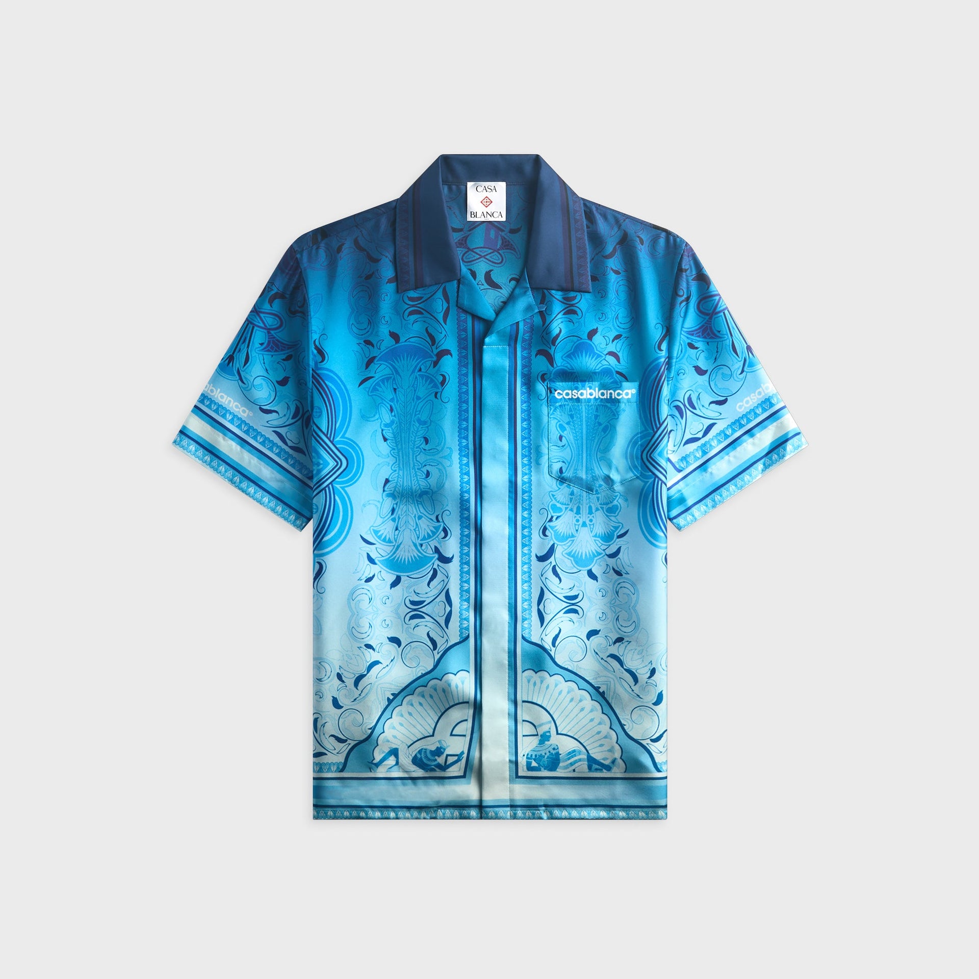Casablanca Gradient Egyptian Rug blue silk camp-collar shirt, front view with ornate baroque rug print and casablanca logo