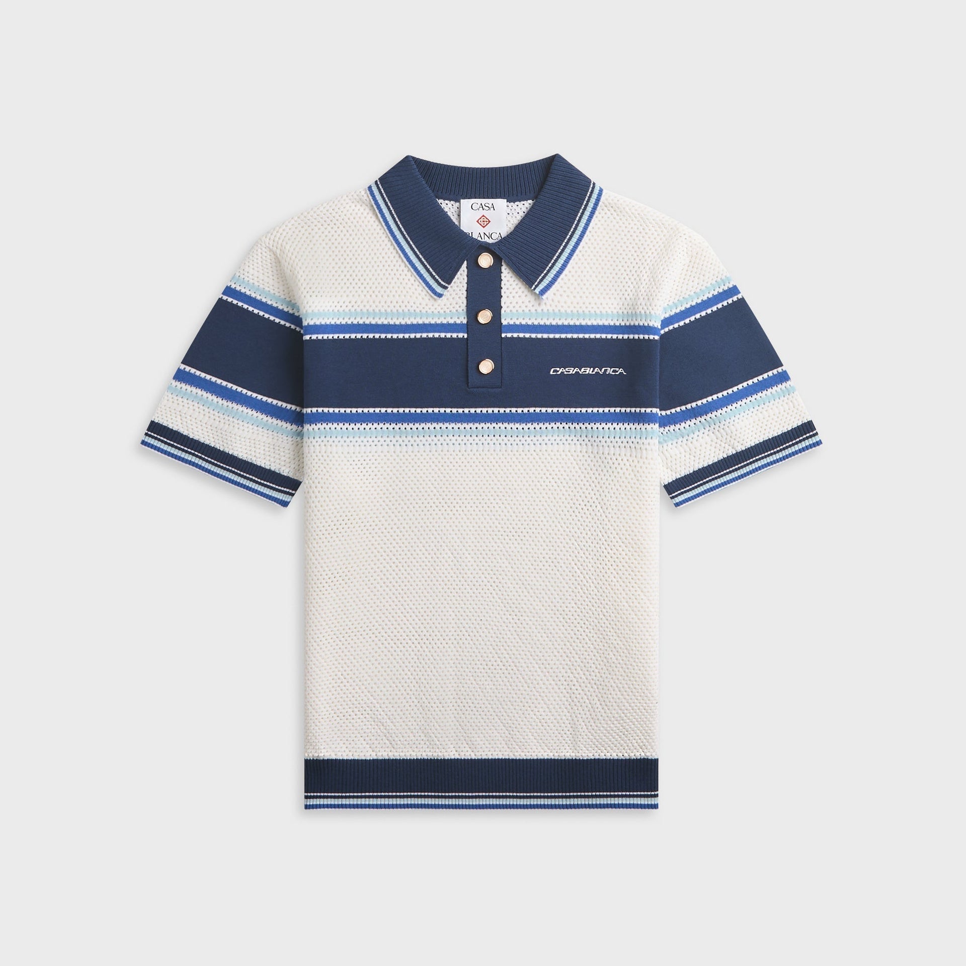 Casablanca Striped Mesh Short Sleeve Polo Shirt - White / Blue