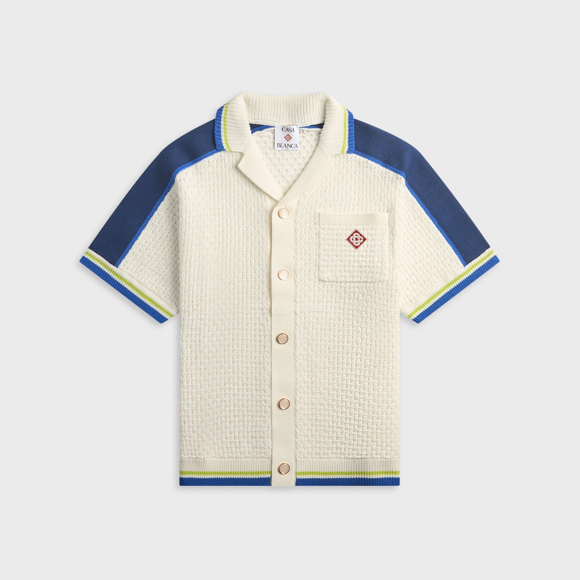 Casablanca Short Sleeve Crochet Shirt - White / Blue / Yellow