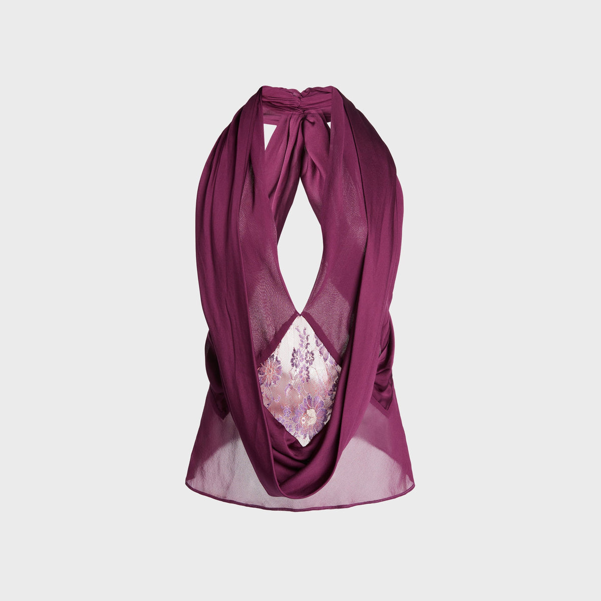 Christopher Esber Cesura Cowl Lace Halter Top in plum, front view of sheer draped cowl neckline with floral lace panel