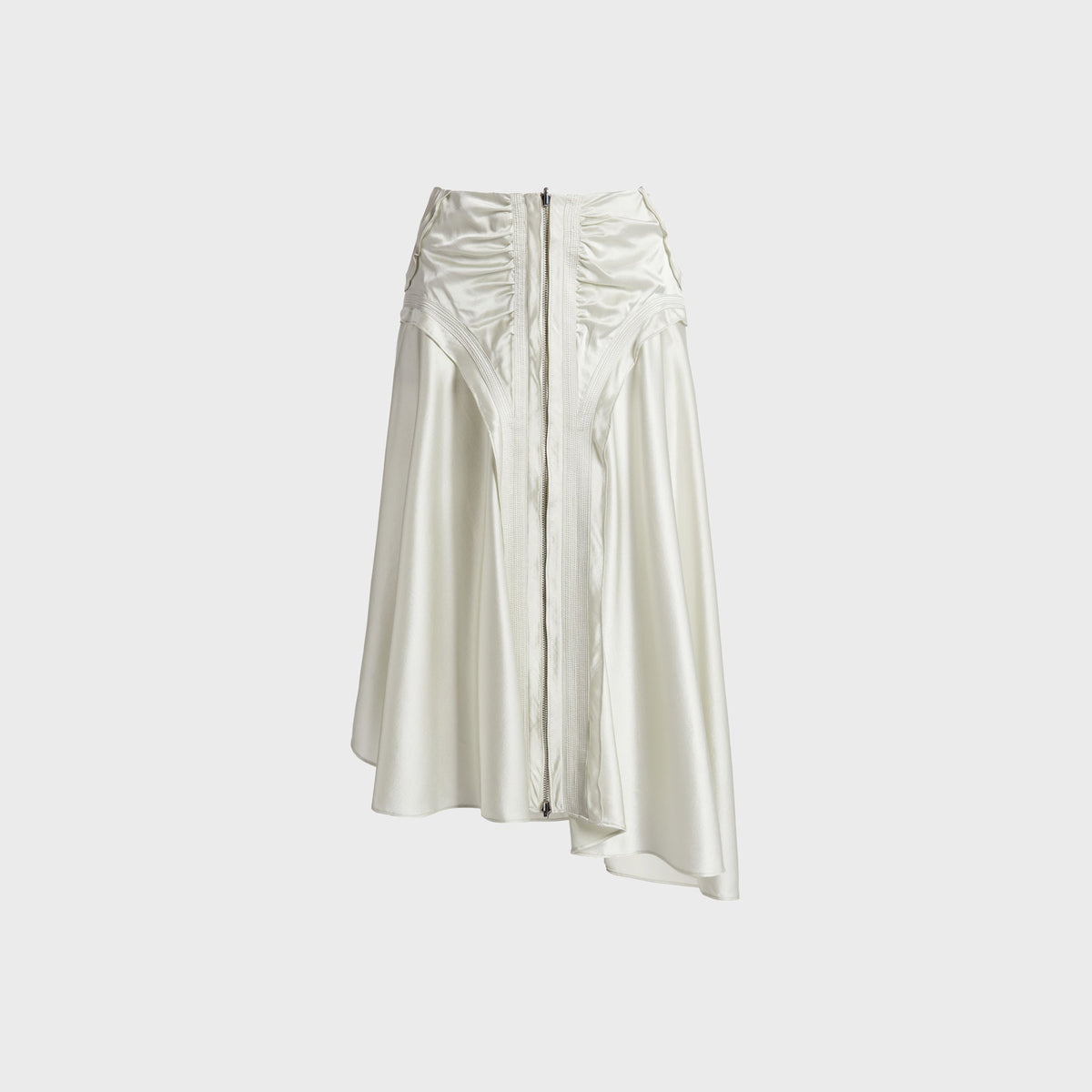 Christopher Esber Invert Silk Gwen Skirt in vapour mint, front view with center zip, ruched waist and asymmetric satin hem