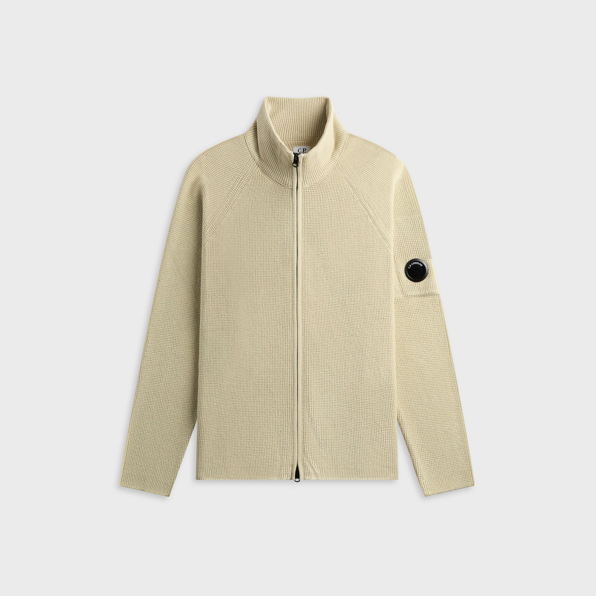 C.P. Company Waffle Knit Cotton Zip Lens Cardigan - Silver / Birch
