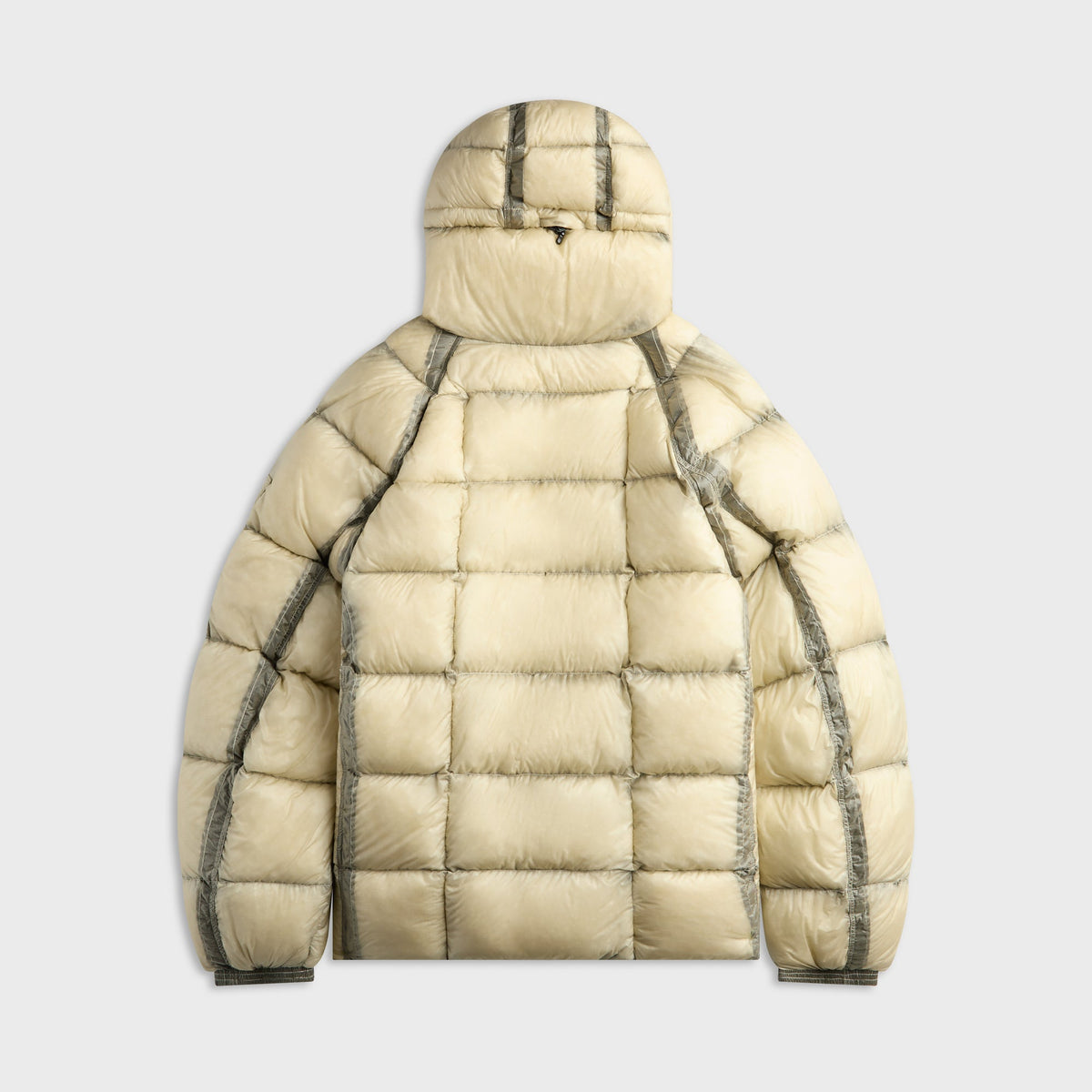 C.P. Company D.D. Shell Hooded Puffer Jacket in Silver Birch, cream quilted puffer with hood, back view