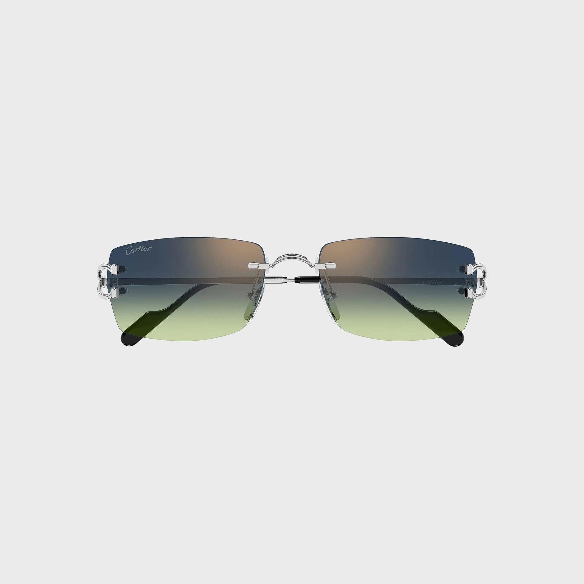 Cartier Decor C rimless rectangular sunglasses in silver with blue-to-green gradient lenses and the silver C temple detail, front view