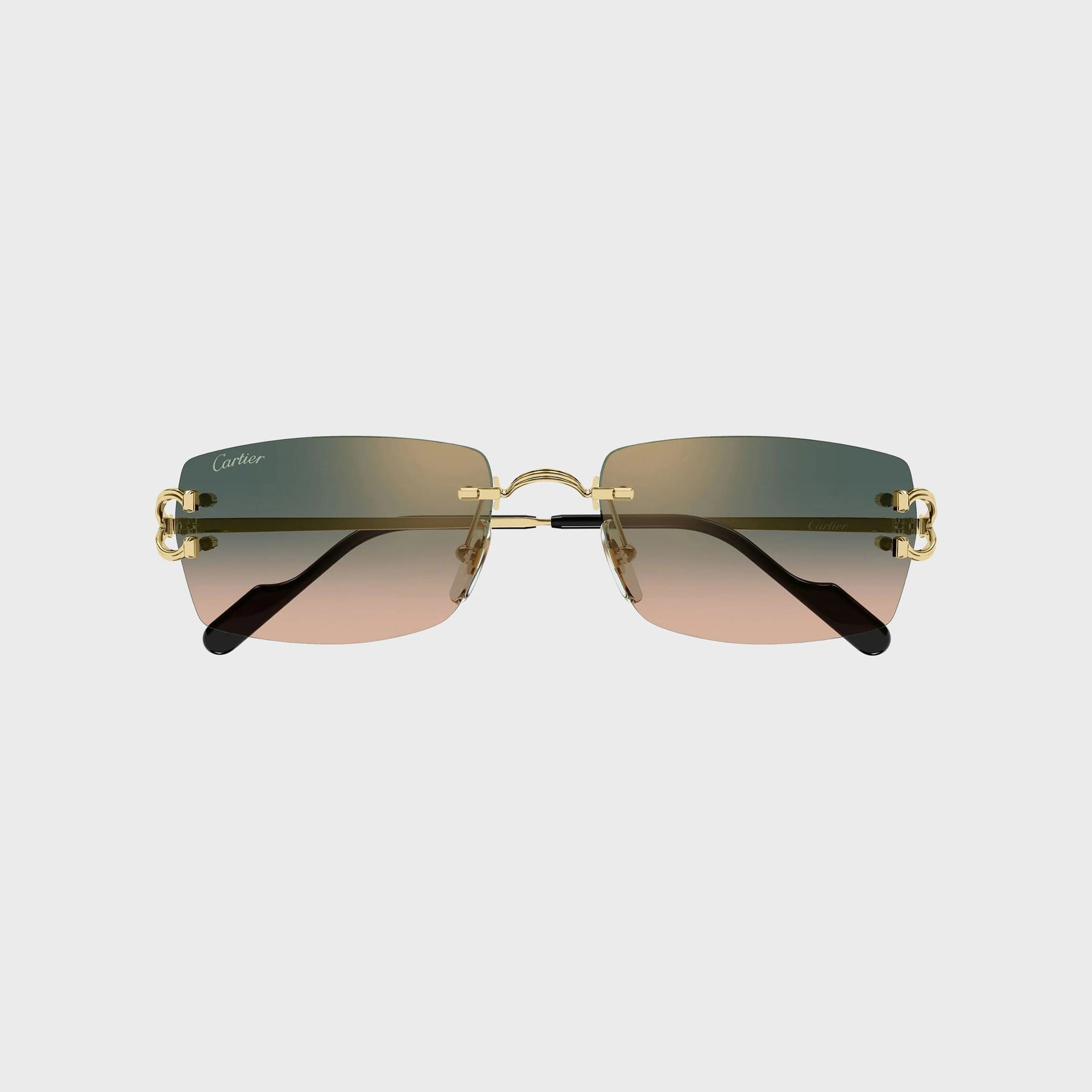 Cartier Decor C rimless rectangular sunglasses in gold with green-to-peach gradient lenses and the gold C temple detail, front view