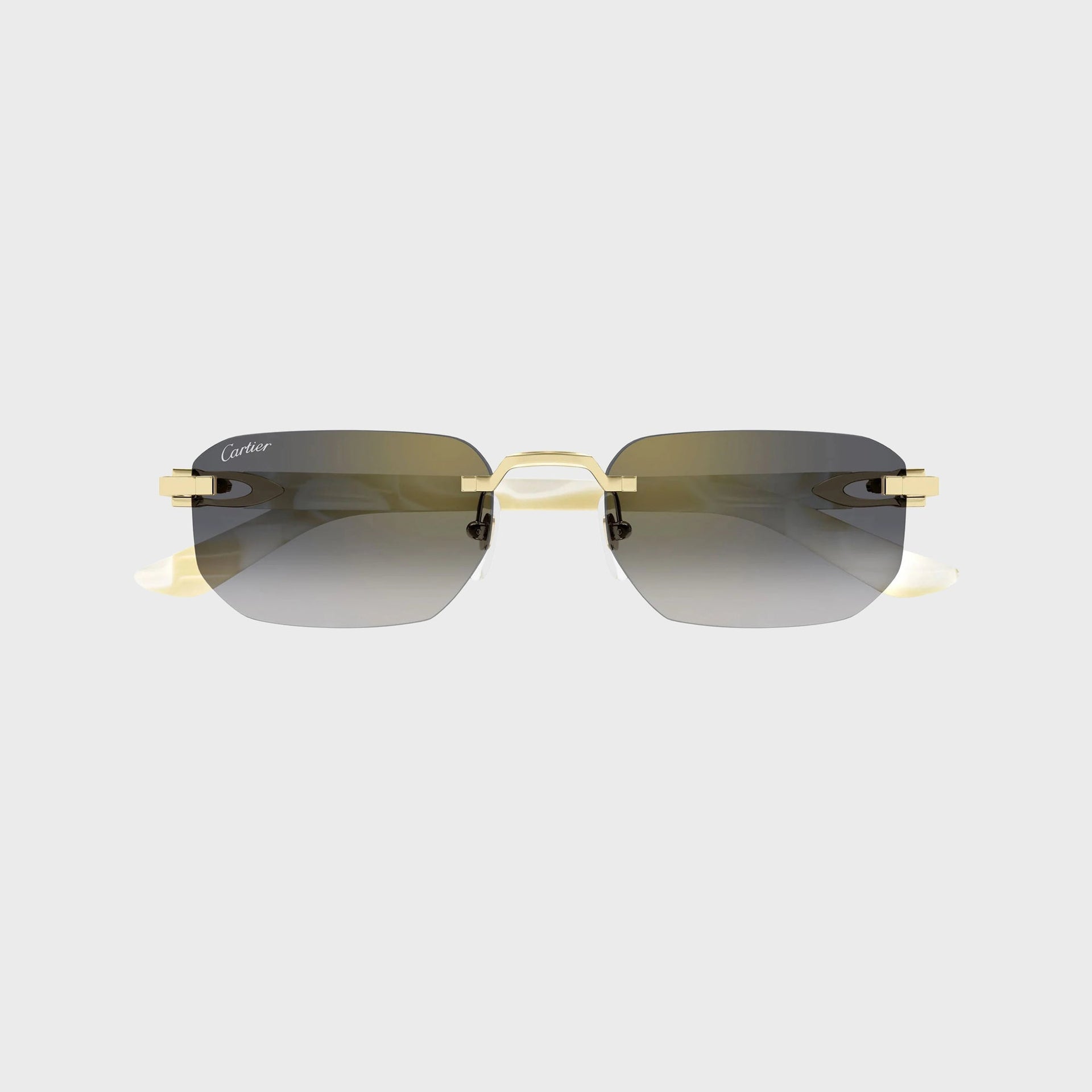 Cartier Decor C rimless rectangular sunglasses in gold with grey gradient lenses and pearl-white temples, front view