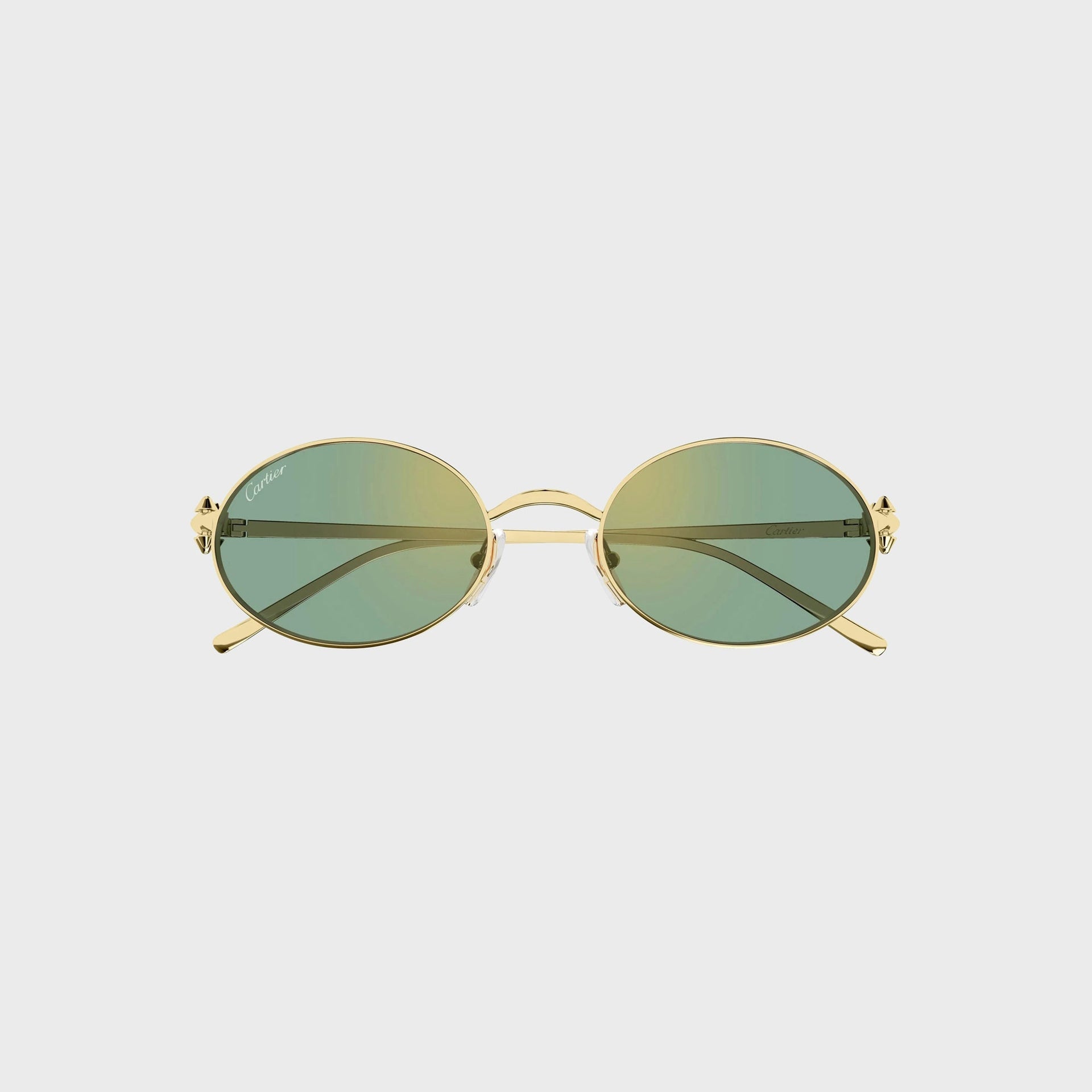 Cartier Clash CT0644S gold oval sunglasses with green gradient lenses, front view with Cartier script on the lens
