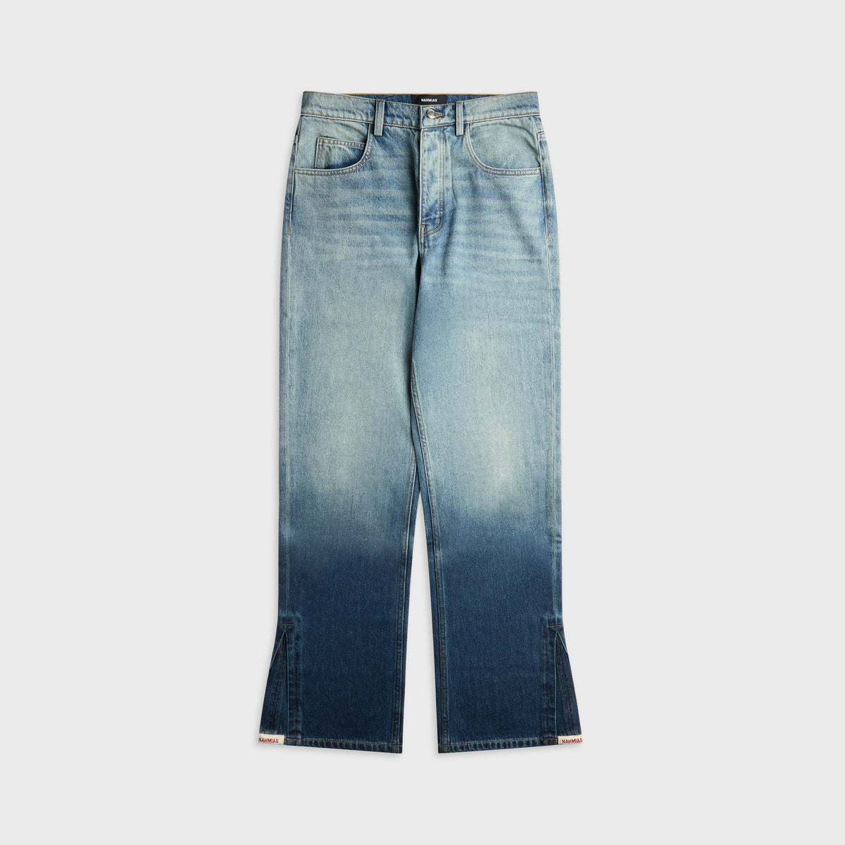 NAHMIAS High Tide Split Seam Straight Leg Jean in Medium Indigo Wash, denim with ombre indigo fade at the hem, front view