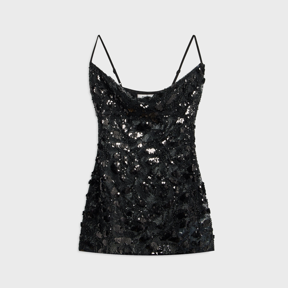 GUIZIO Grace Cowl Neck Mini Dress in Black: black sequin slip mini dress with cowl neckline and thin straps, front view