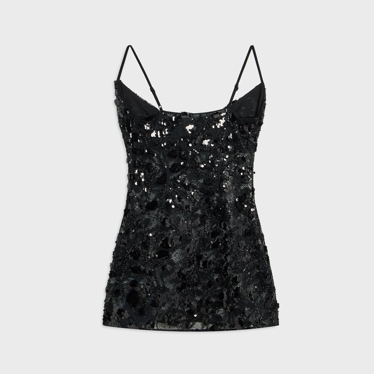 GUIZIO Grace Cowl Neck Mini Dress in Black: back view of black sequin mini dress with thin adjustable straps and lined bodice