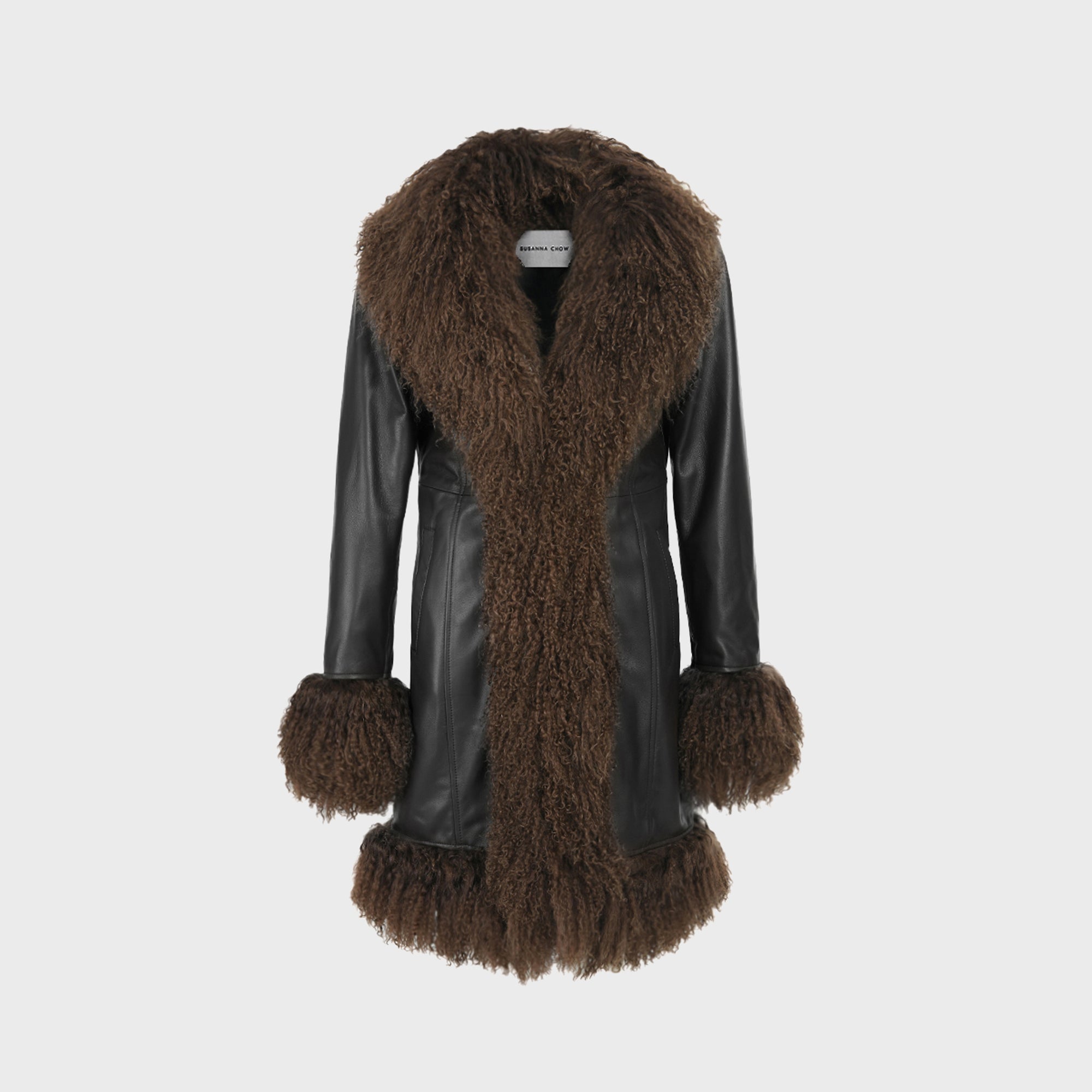 Susanna Chow Dorothy Midi Leather Coat - Black / Brown Trim – Kith