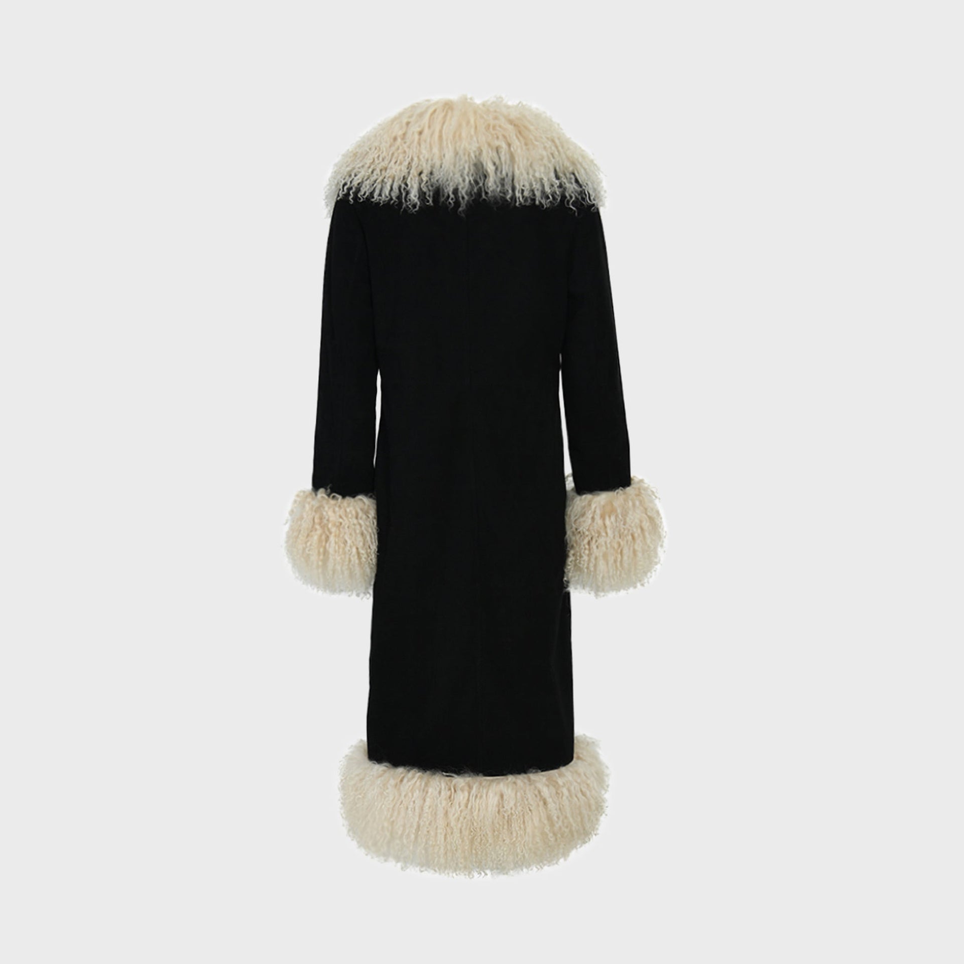 Susanna Chow Dorothy Suede Ultra Maxi Coat - Black / Beige Trim