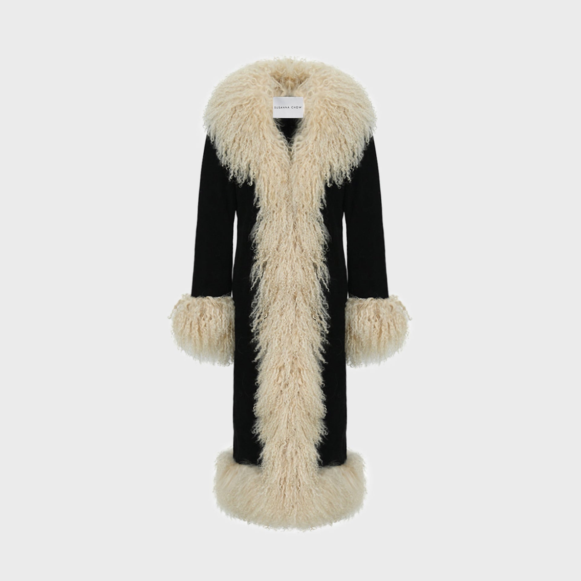 Susanna Chow Dorothy Suede Ultra Maxi Coat - Black / Beige Trim