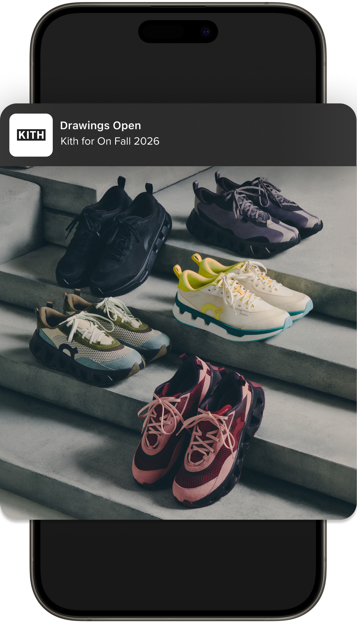iPhone notification for Kith for On Fall 2026 drawings, showing five colorways of On running sneakers on concrete steps
