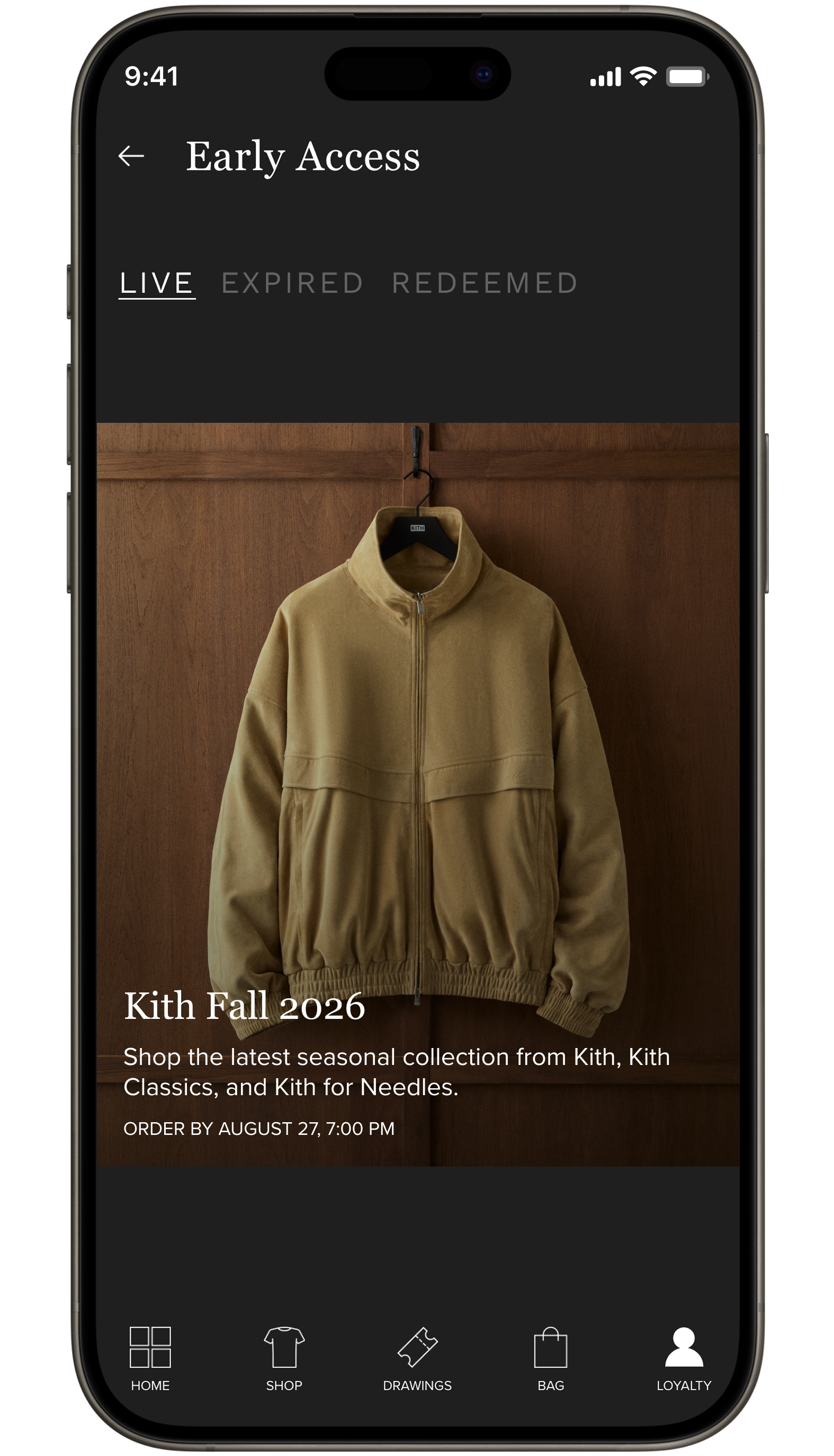 iPhone screen showing the Kith app Early Access tab with an olive quarter-zip hoodie on a hanger and Kith Fall 2026 collection details