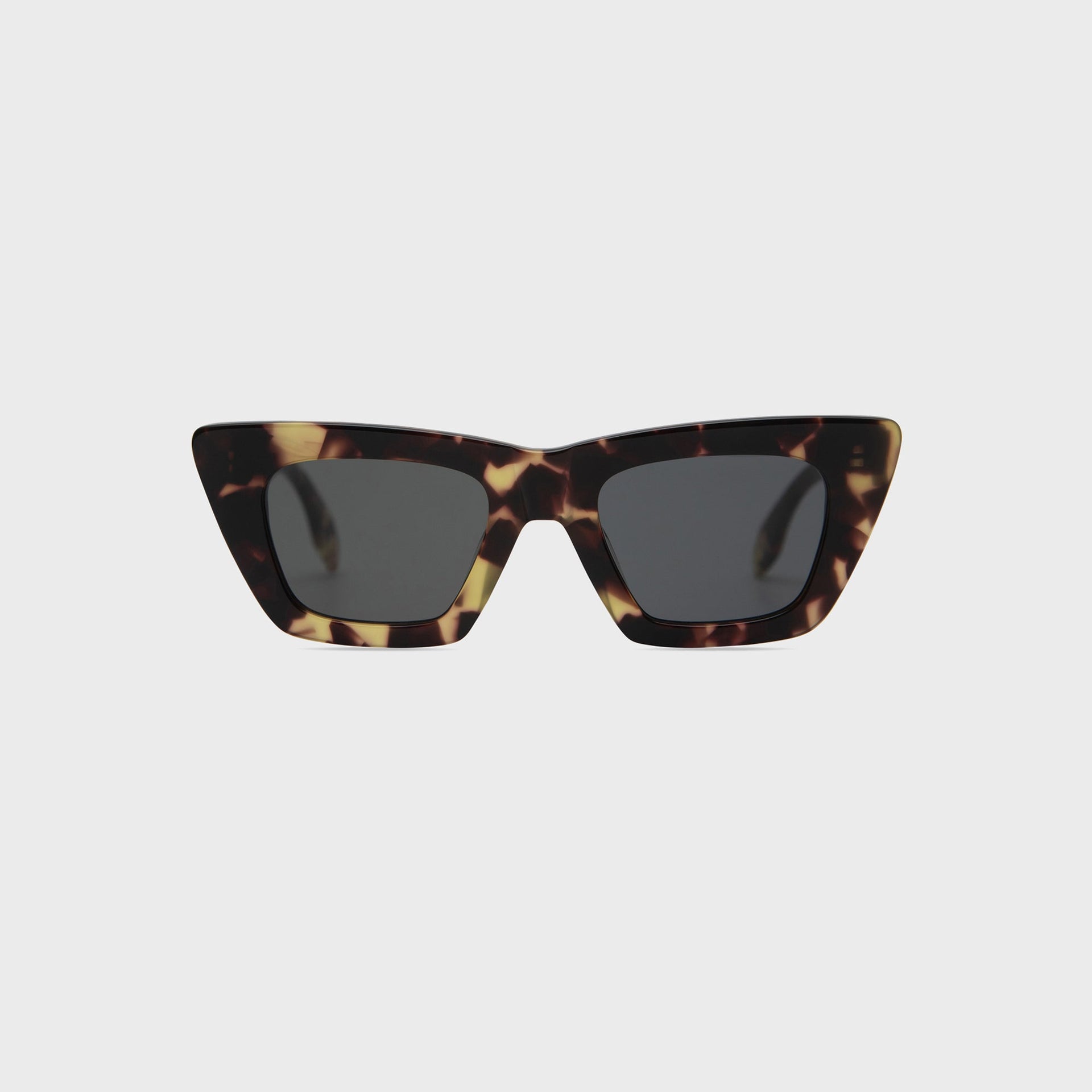 Elisa Johnson Lori sunglasses in leopard tortoise acetate with angular cat-eye frame and dark lenses, front view