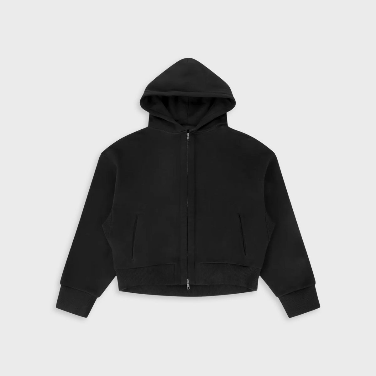 Entire Studios Thermal Hood in Black: cropped black full-zip hoodie with double zipper, slash pockets and ribbed hem, front view