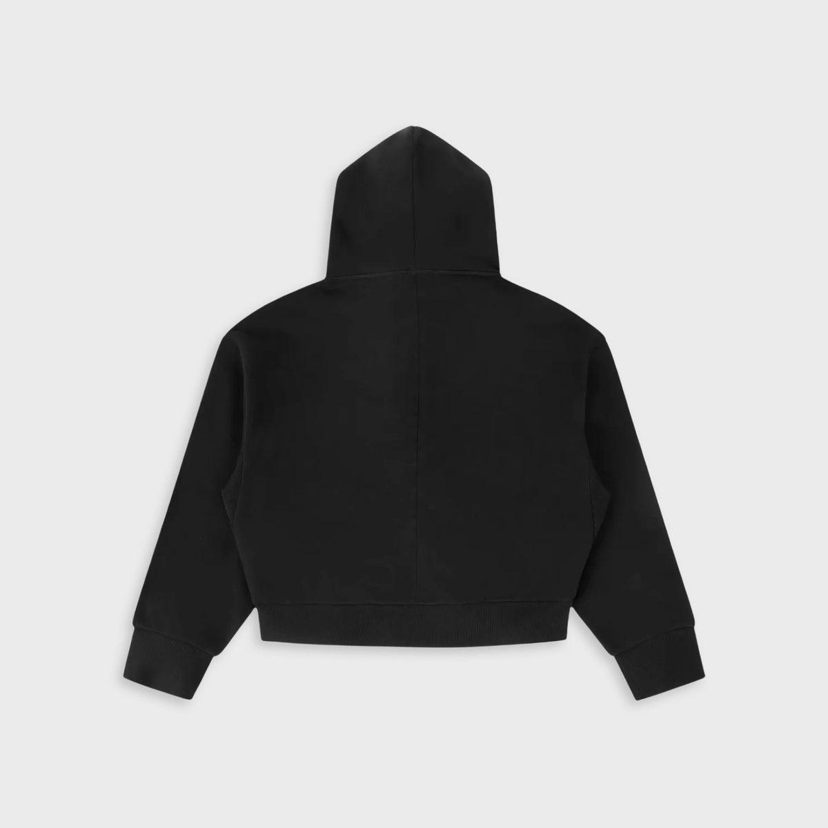 Entire Studios Thermal Hood in Black: back view of cropped black zip hoodie with center seam and ribbed cuffs