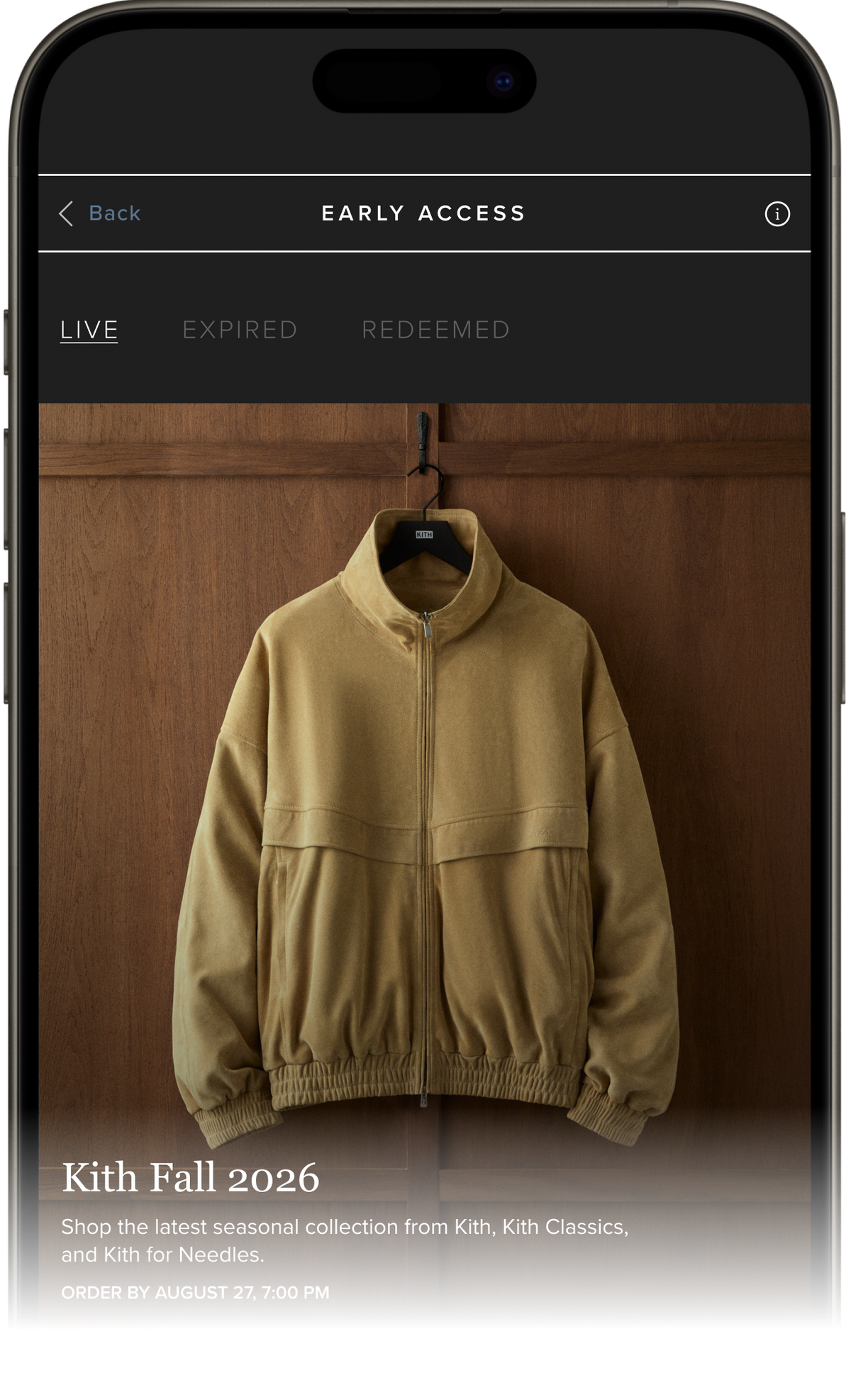 Close-up iPhone mockup of the Kith app Early Access page featuring an olive quarter-zip hoodie and Fall 2026 collection description
