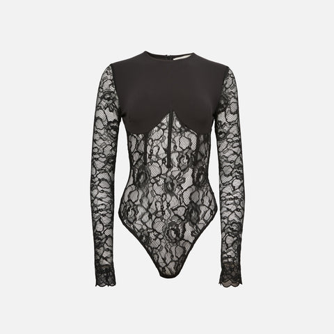 Fleur du Mal Jersey and Lace Boned Bodysuit - Black