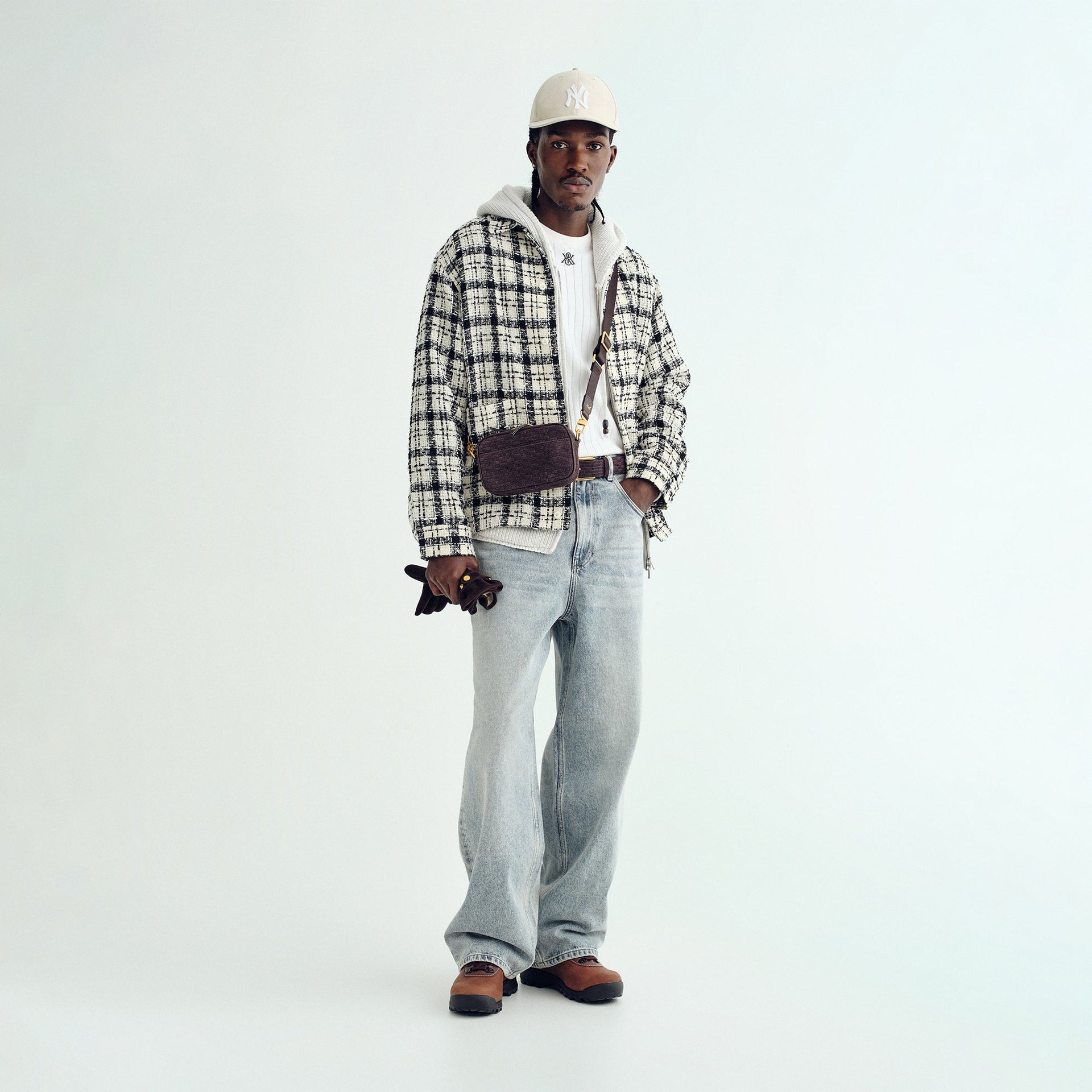 &Kin Windowpane Boucle Long Shirt Boxy Collared Overshirt - Sandrift - PH