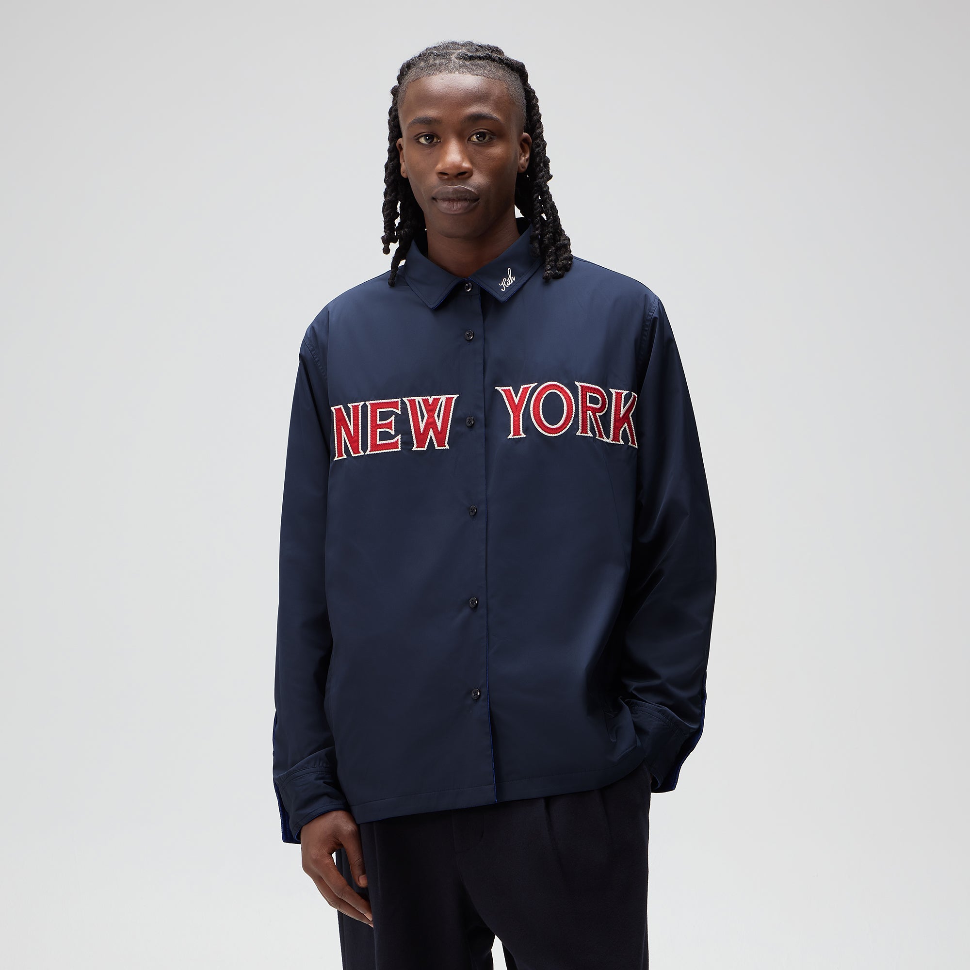 Ꮇ.Ꭲ2025 KITH コーチジャケット パッチワーク　Ꮮ ネイビー Kith for the New York Yankees Patchwork Wool Coaches Jacket