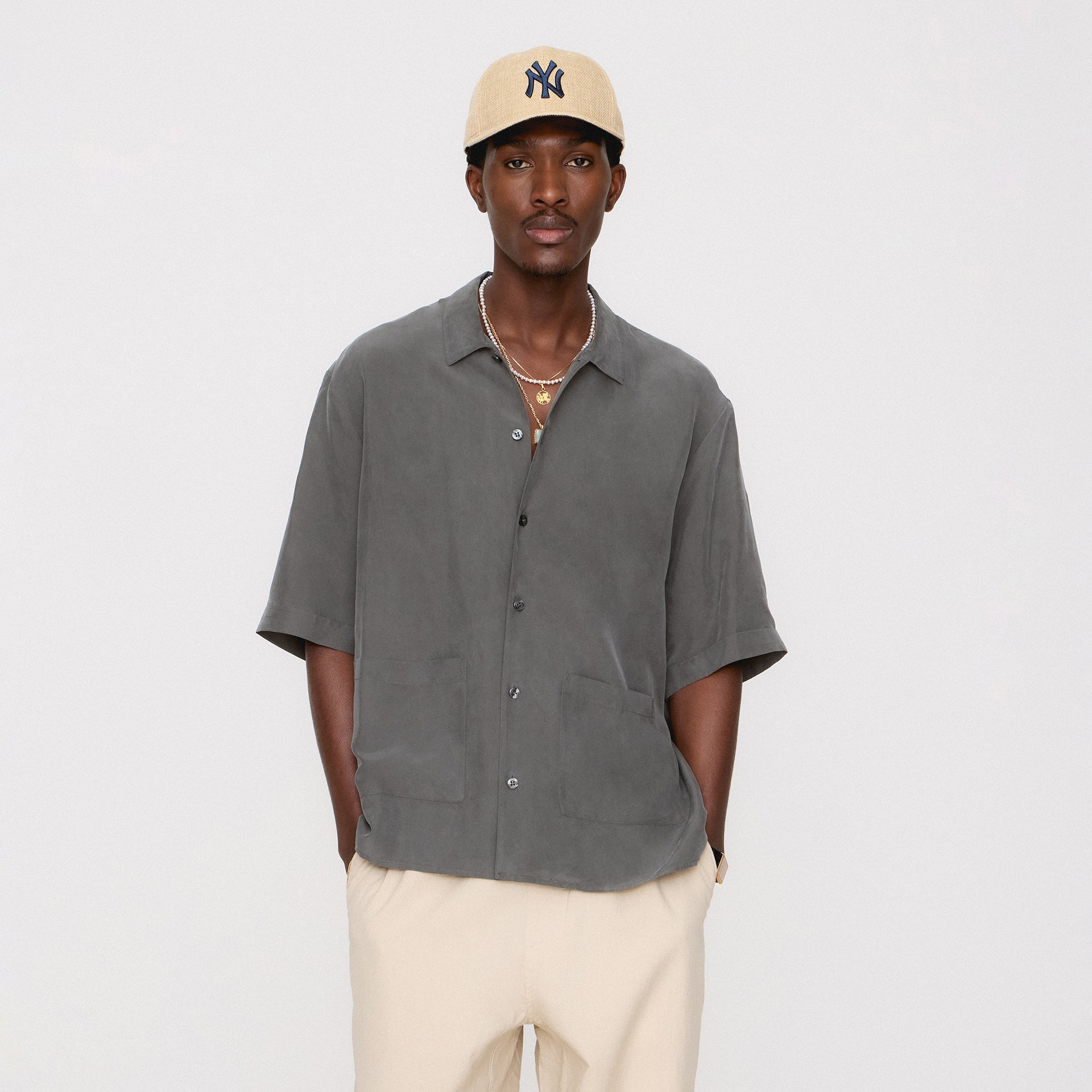 &Kin Silk Habotai Short Sleeve Reade Shirt -  Somber
