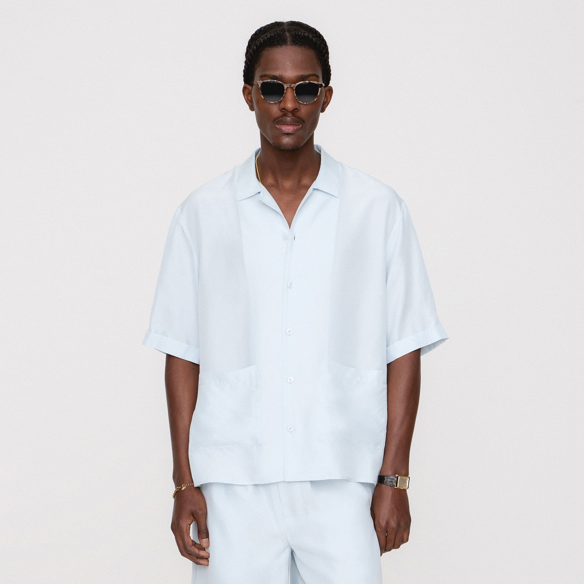 &Kin Silk Habotai Short Sleeve Reade Shirt -  Light Indigo