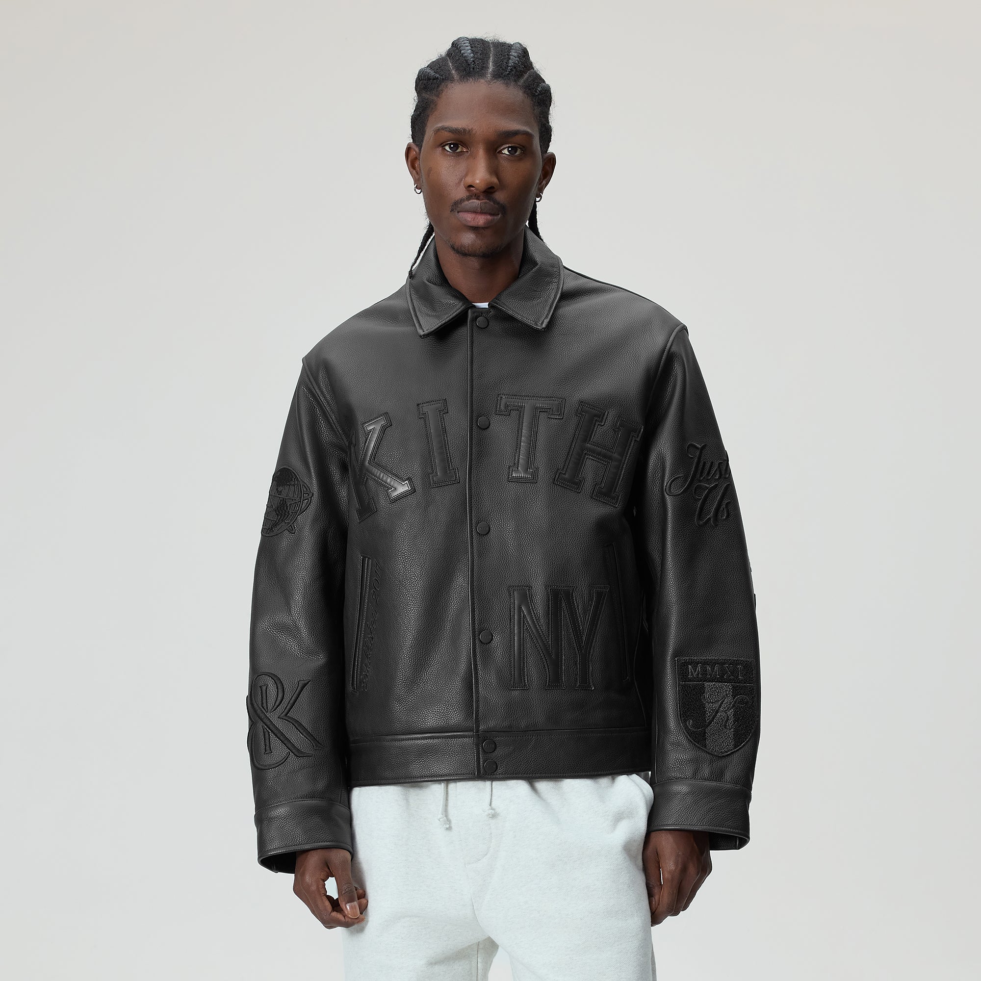 Kith Pebbled Leather Varsity Coaches Jacket - Black