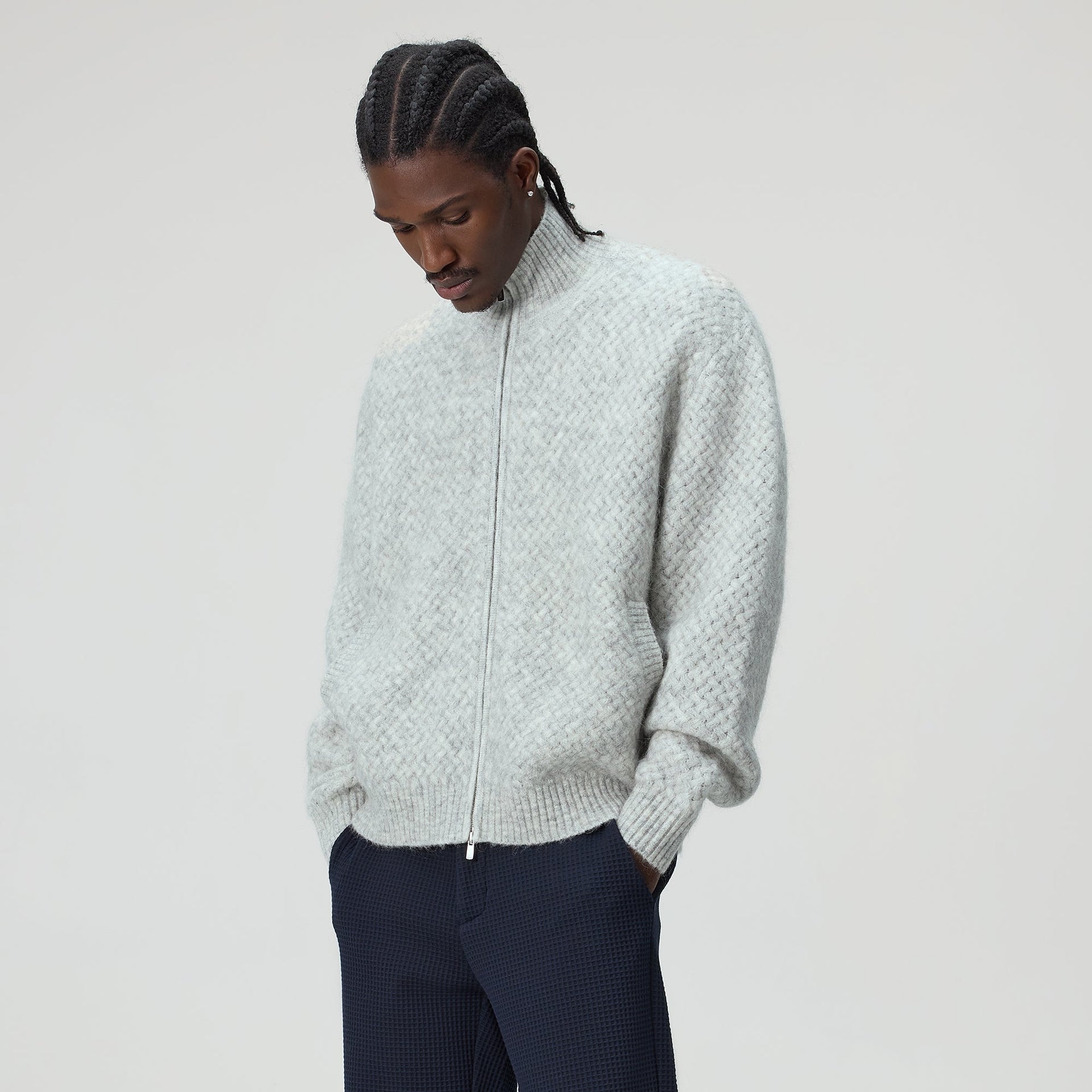 &Kin Basketweave Mohair Wyona Full Zip - Medium Heather Grey - PH
