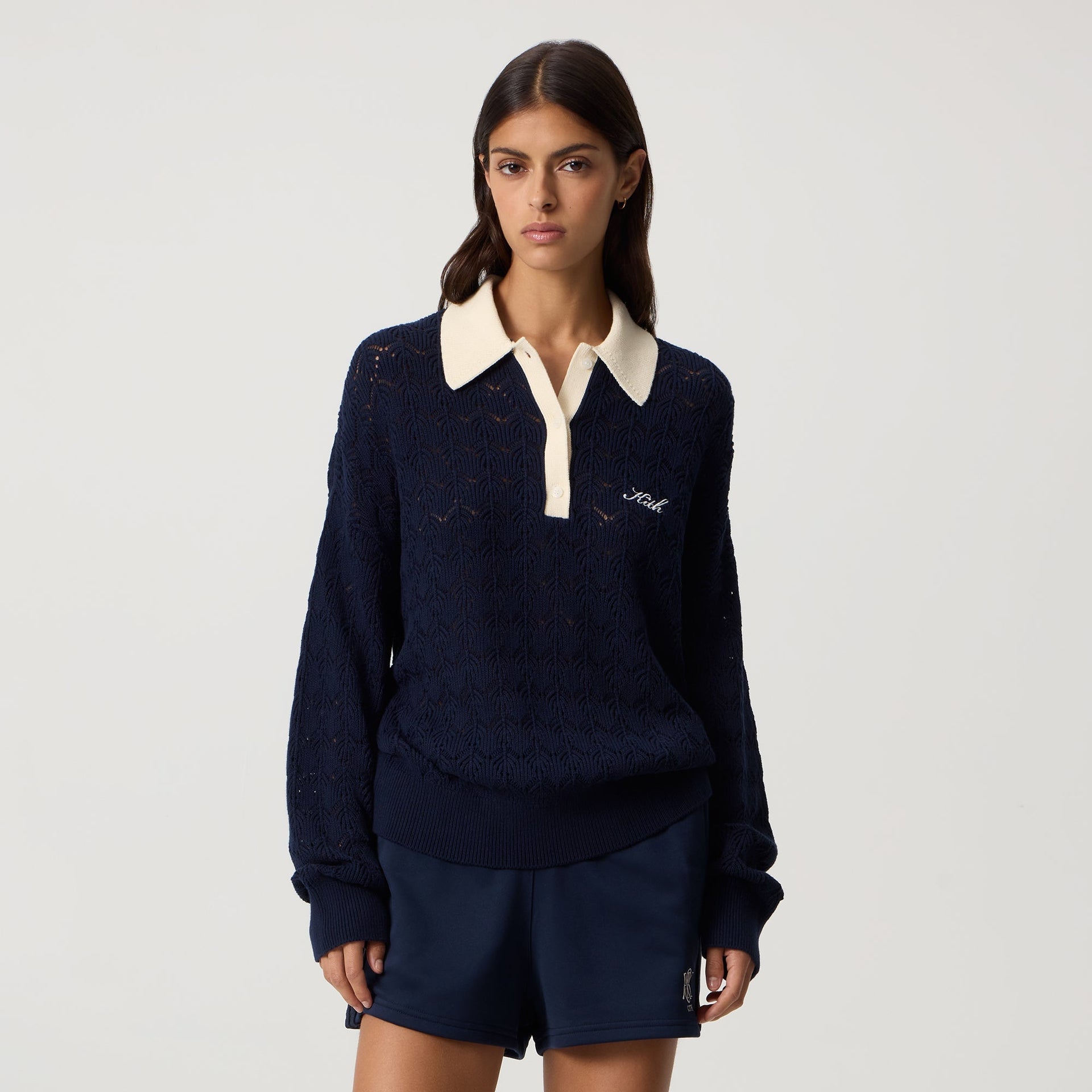 Kith Women Selma Crochet Polo Long Sleeve - Nocturnal - PH