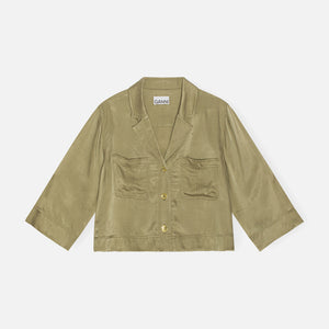 Ganni Washed Satin Crop Shirt - Aloe