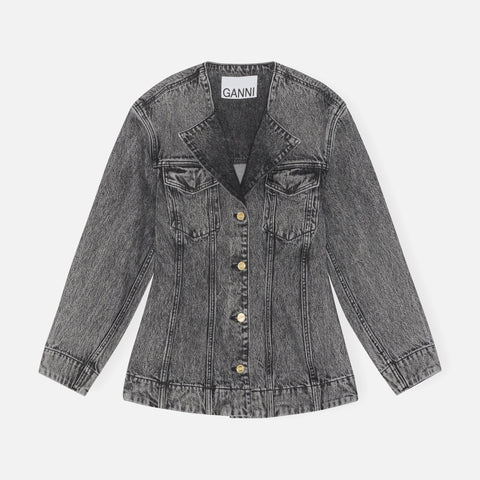 Ganni Snow Washed Denim Fitted Blazer - Black Washed