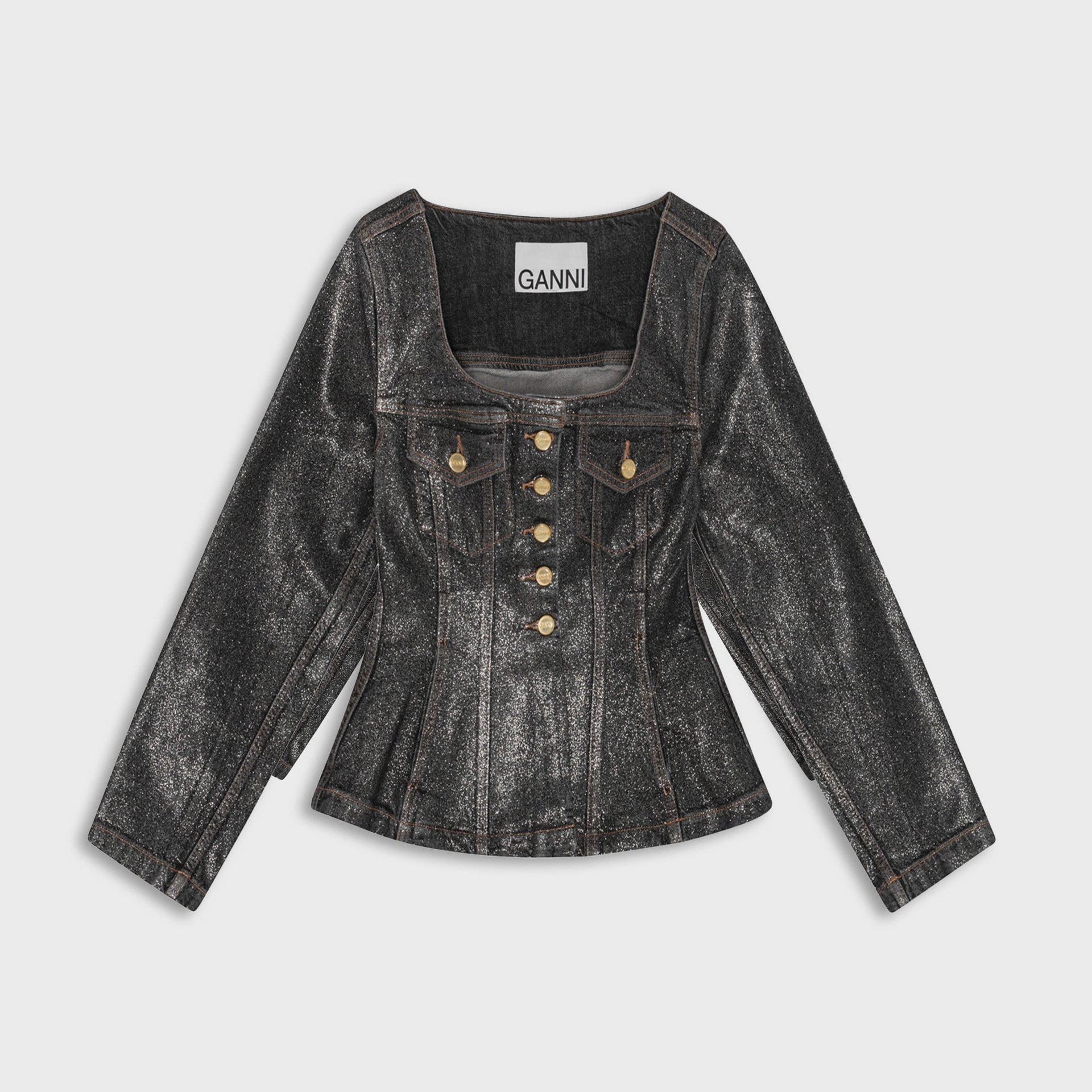 Ganni Shimmery Foil Denim Fitted Blazer in Washed Black