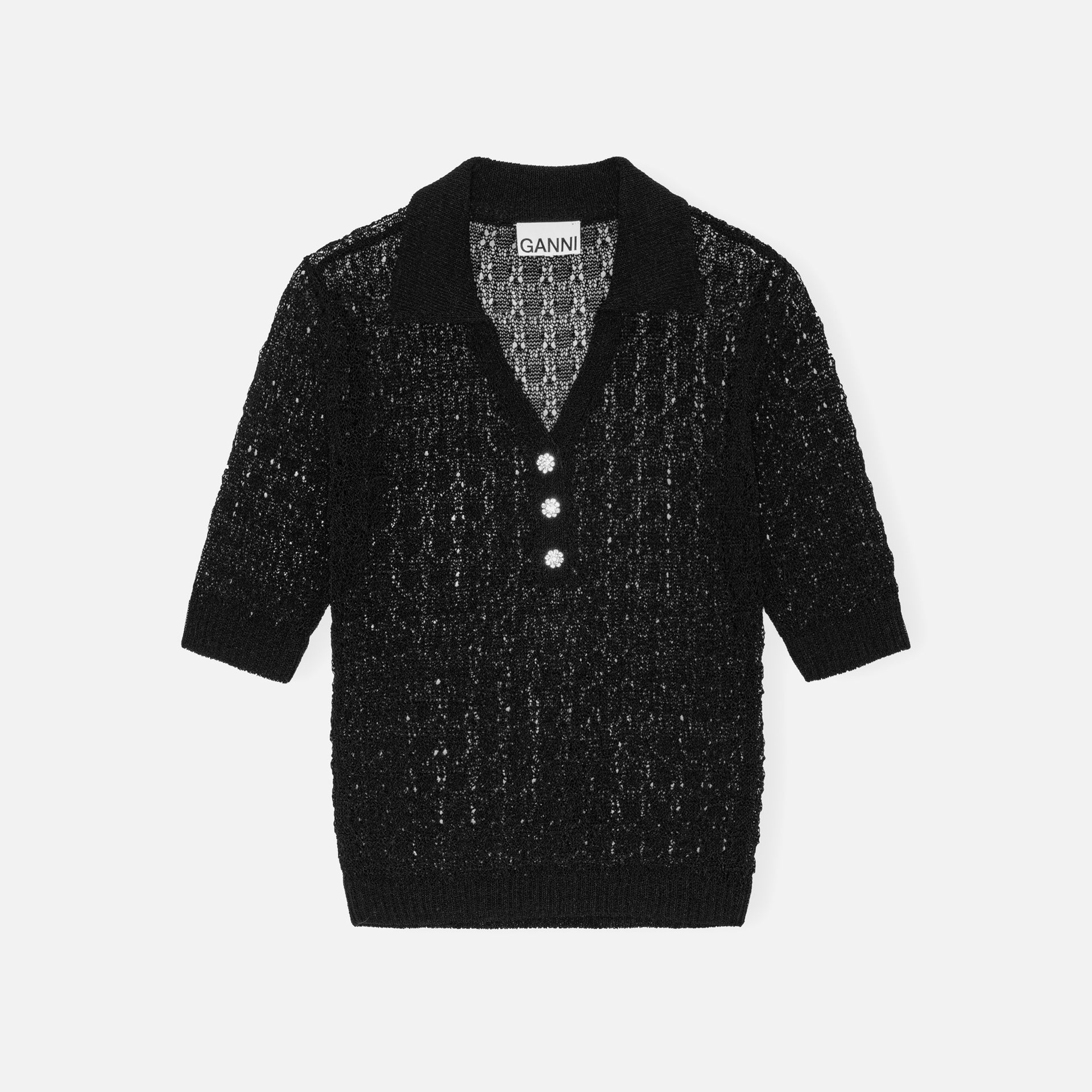 Ganni Shiny Pointelle Knit Polo - Black