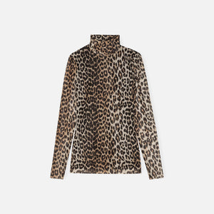 Ganni Printed Mesh Long Sleeve Rollneck - Leopard