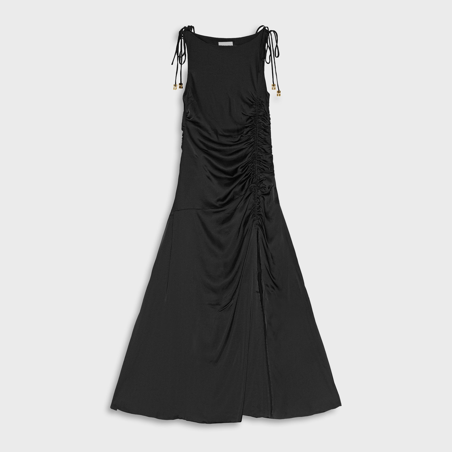 Ganni Solid Satin Gathered Long Dress - Black