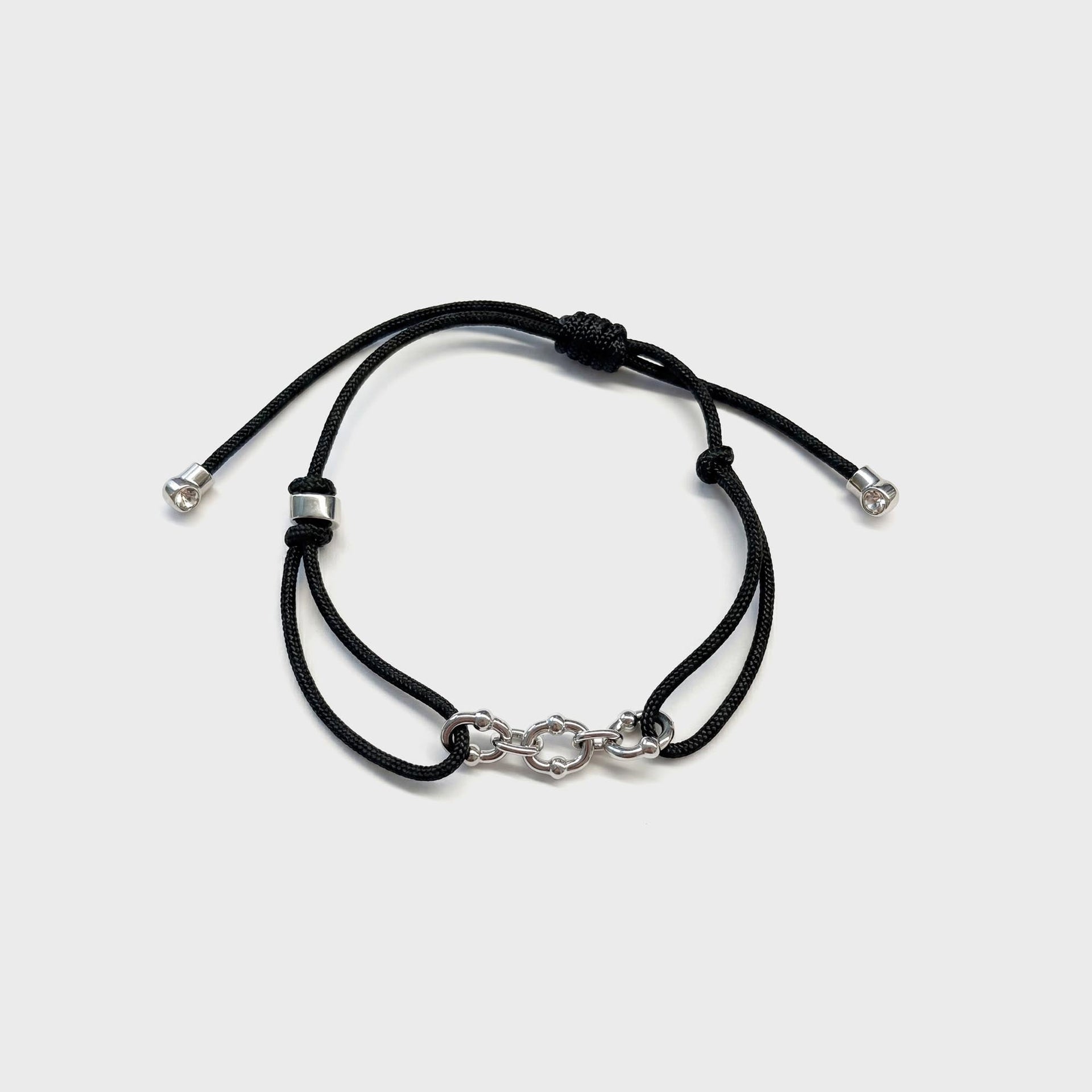 Greg Yuna Multi Mariner Link adjustable black cord bracelet with silver chain-link clasp and diamond-tip ends