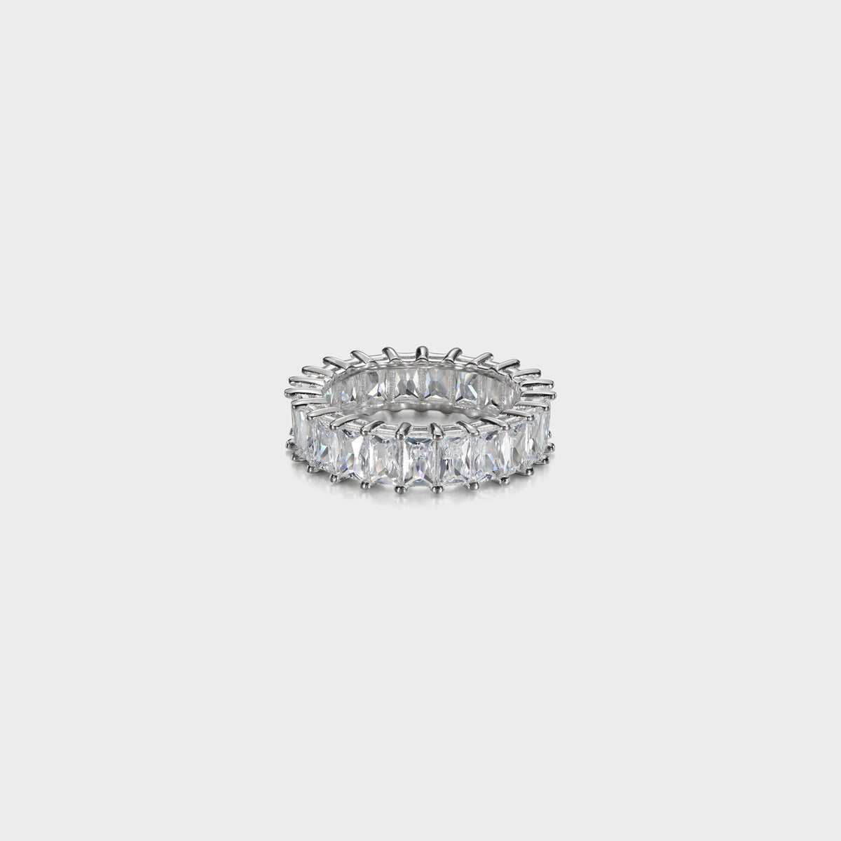 Hatton Labs Baguette Eternity Ring in white, front view of silver band set with baguette-cut stones all around